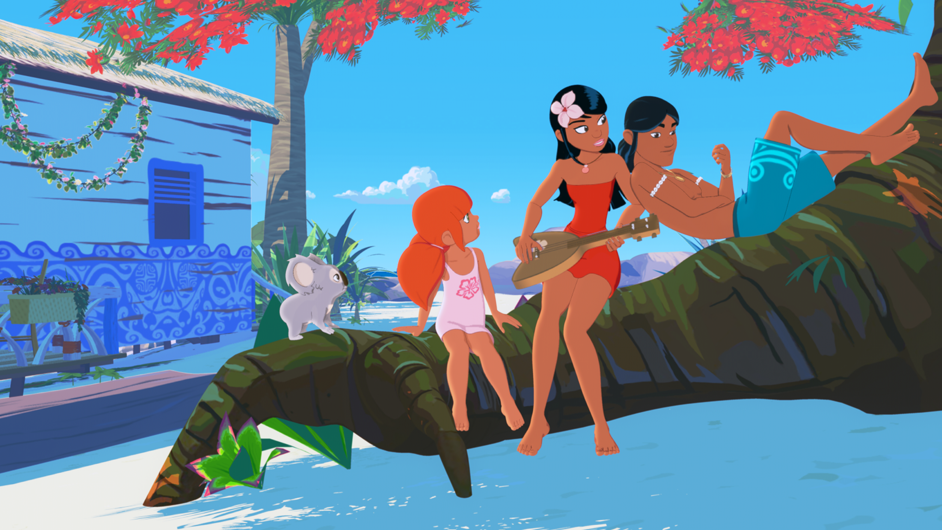 Timeti, Auru, Marina und Raoul haben es sich unter einem Baum gemütlich gemacht. Auru lehnt sich an Timeti an, die eine Ukulele in den Händen hält. Alle sitzen auf der Wurzel eines großen Baums.