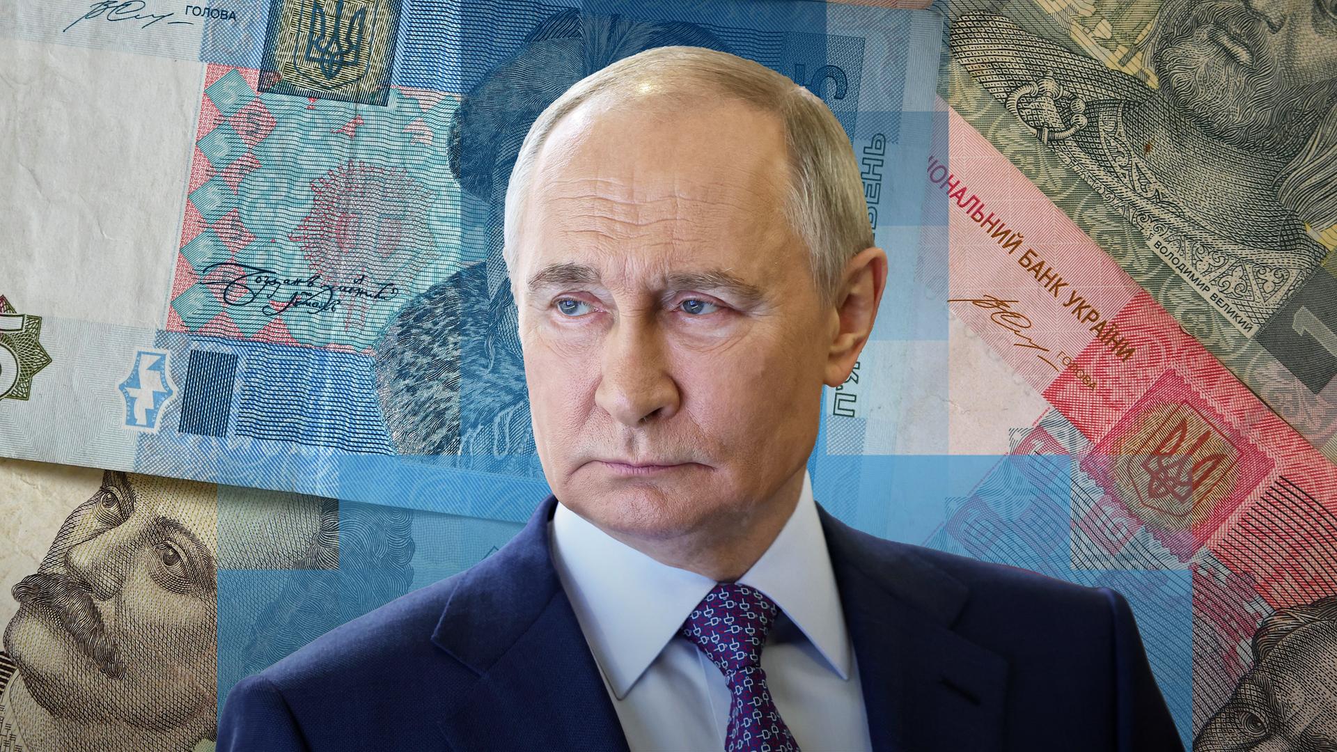 Kremlchef Wladimir Putin ist vor ukrainischen Banknoten zu sehen. 