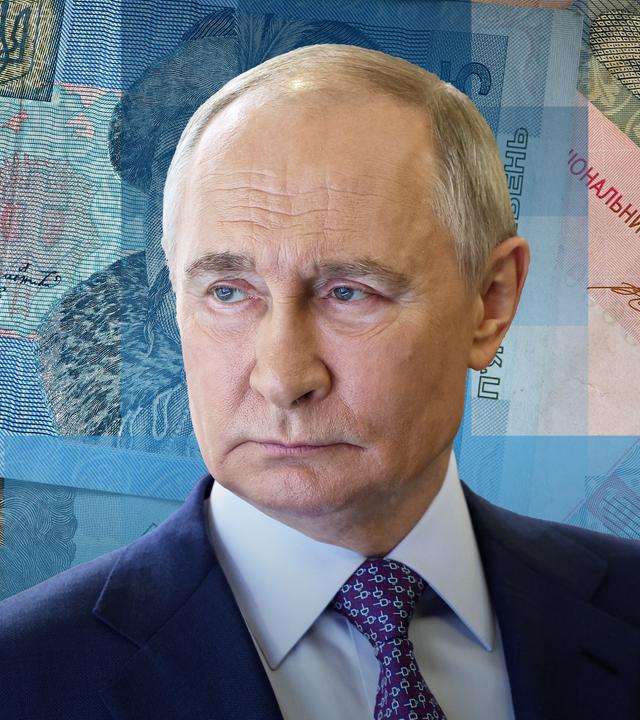 Kremlchef Wladimir Putin ist vor ukrainischen Banknoten zu sehen. 