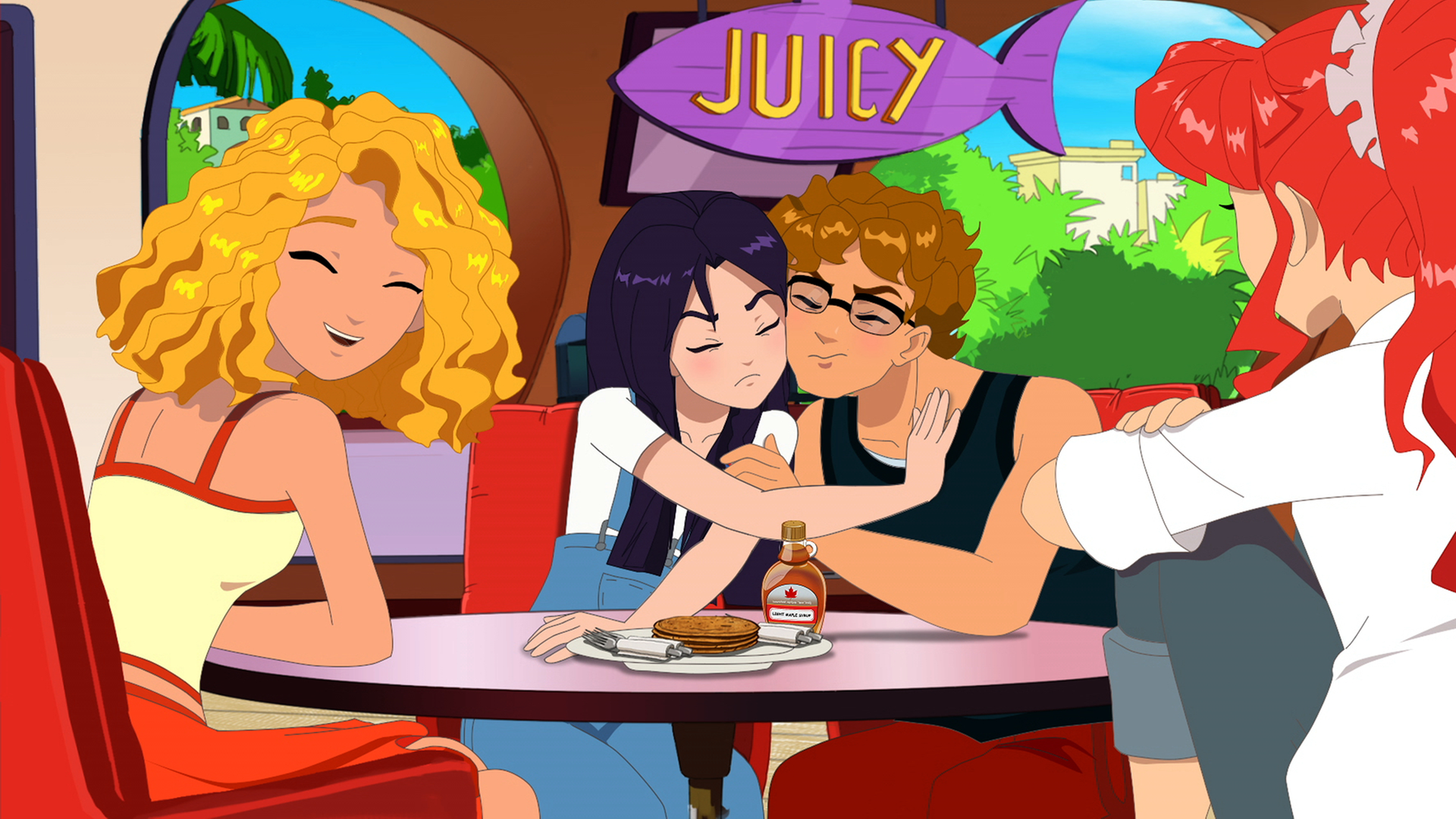 Emma, Cleo, Lewis und Rikki sitzen gemeinsam am Tisch.