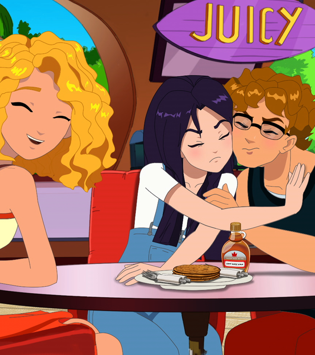 Emma, Cleo, Lewis und Rikki sitzen gemeinsam am Tisch.