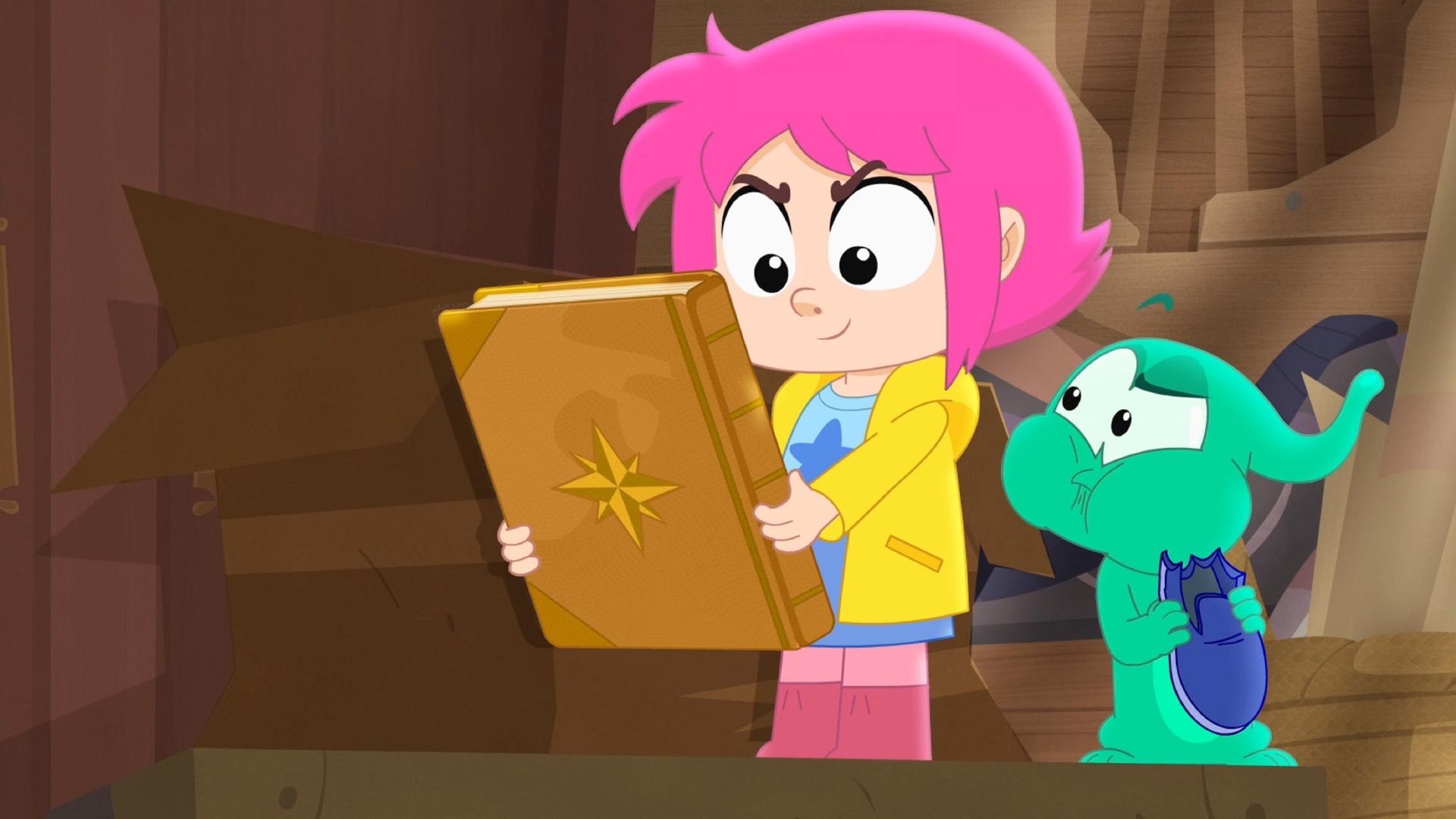 Rebecca und Ernest befinden sich auf dem Dachboden. Rebecca hält ein Buch in der Hand und schaut gespannt darauf, genau wie Ernest, der nebenbei noch einen Schuh isst.