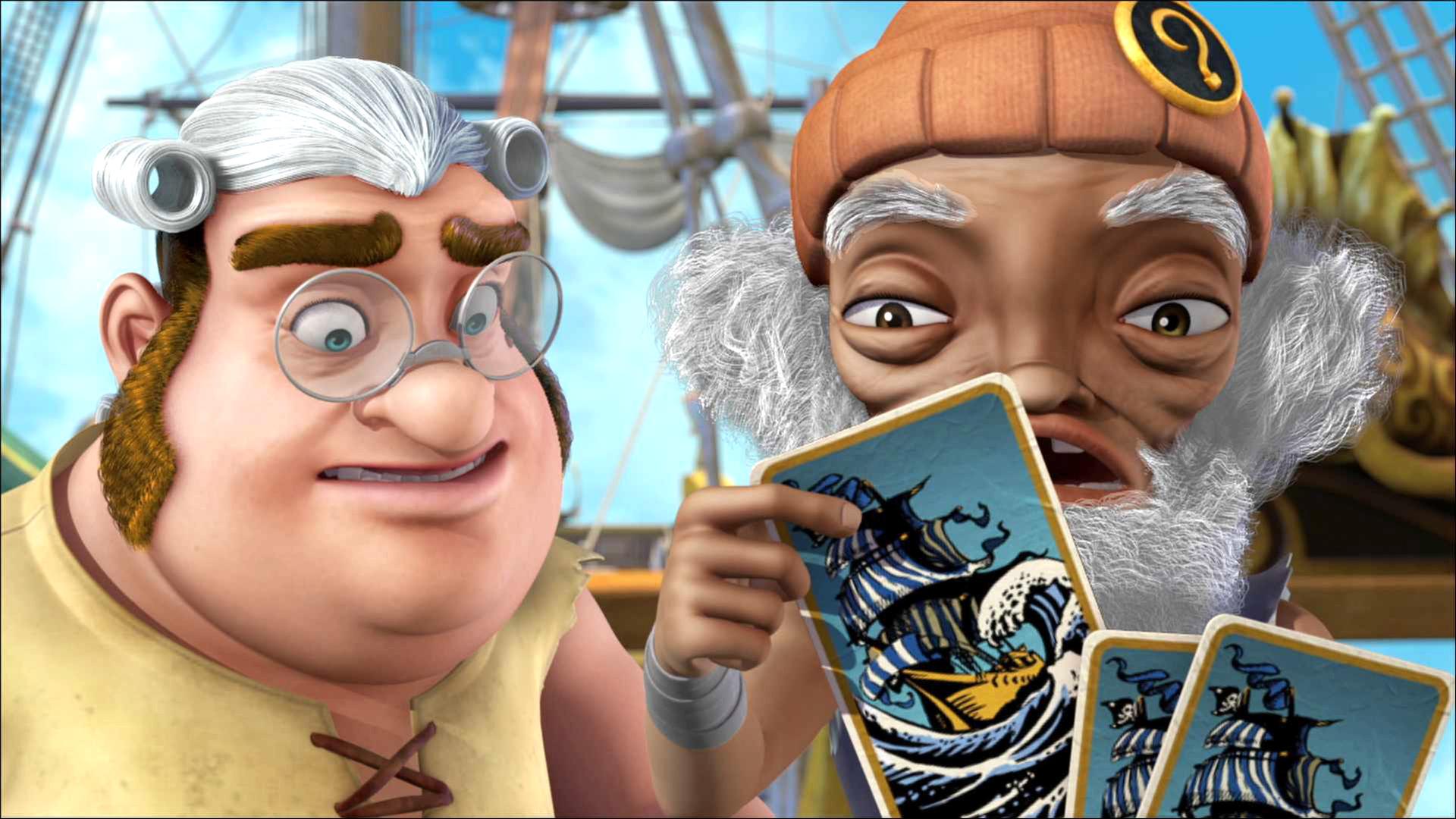 Hooks Piratencrew blickt erschrocken auf ihre Spielkarten.