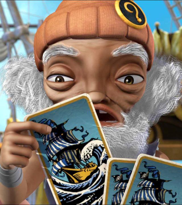 Hooks Piratencrew blickt erschrocken auf ihre Spielkarten.