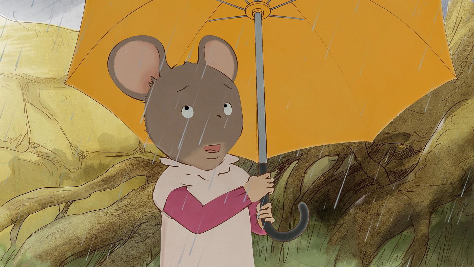 Celestine läuft mit ihrem orangefarbenen Regenschirm durch den Regen.