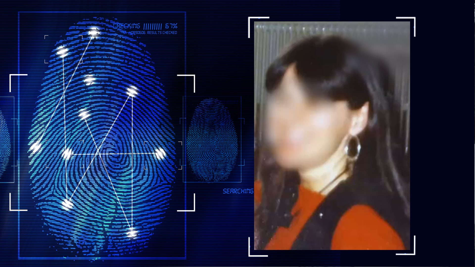 Portraitfoto des Opfers. Eine junge Frau mit langen schwarzen Haaren. Das Gesicht wurde technisch verfremdet. Links daneben: Lichtschematische Darstellung eines Fingerabdrucks.