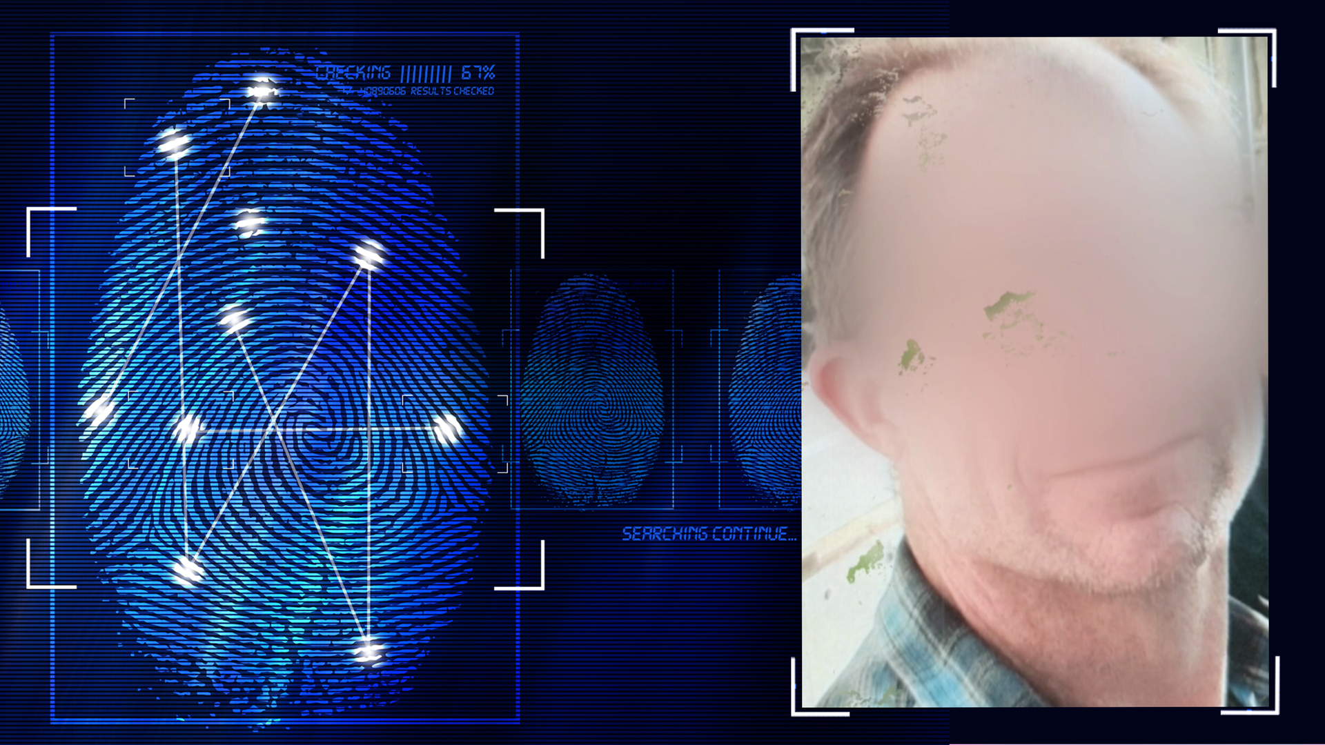 Portraitfoto eines Mannes, ca. 60 Jahre alt, Halbglatze, Karohemd im Anschnitt zu erkennen. Das Gesicht wurde technisch verfremdet. Links daneben: Lichtschematische Darstellung eines Fingerabdrucks.