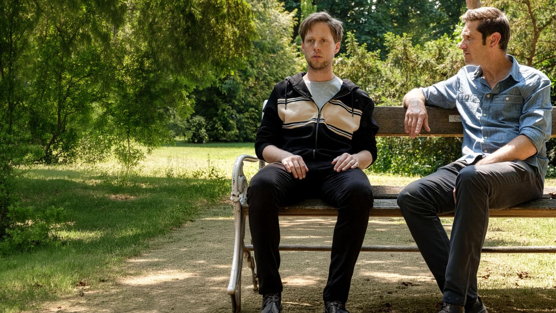 "SOKO Wien - Kreuzmordrätsel": Bezirksinspektor Klaus Lechner (Andreas Kiendl) sitzt zusammen mit Louis Mahrer (Markus Freistätter) auf einer Parkbank. Louis schaut sehr starr geradeaus und hat seine Hände auf den Oberschenkeln abgelegt. Bezirksinspektor Lechner hat seinen rechten Arm auf der Rücklehne abgelegt und hat sich Louis zugewandt.