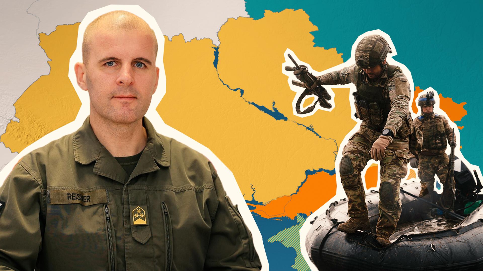 Oberst Marcus Reisner vor Ukraine Karte und Boot mit ukrainischen Soldaten