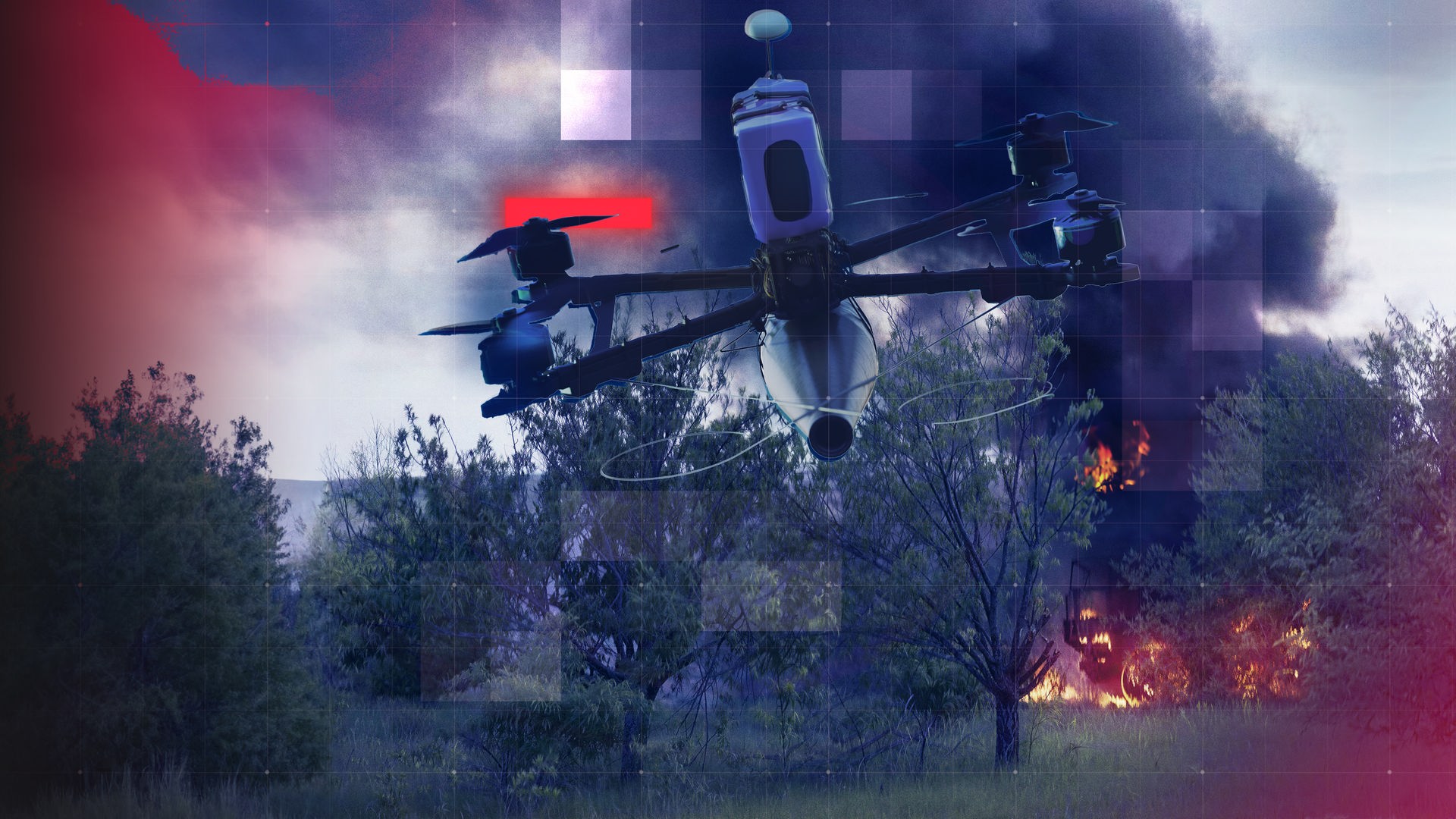 Montage: FPV-Drohne vor brennendem Militärfahrzeug im Unterholz eines Wald- und Wiesengebietes