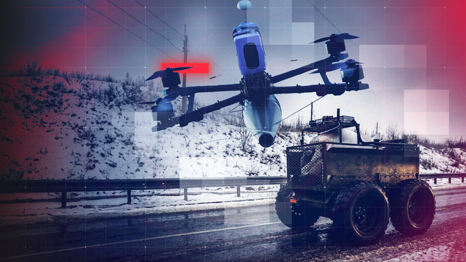Montage: FPV-Drohne über winterlicher Straße, davor eine Landdrohne zur Versorgung mit Nachschub