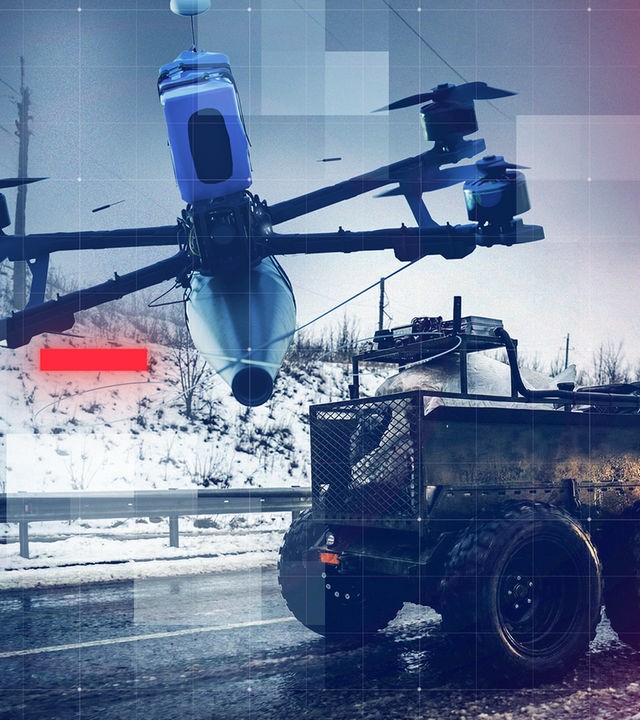 Montage: FPV-Drohne über winterlicher Straße, davor eine Landdrohne zur Versorgung mit Nachschub