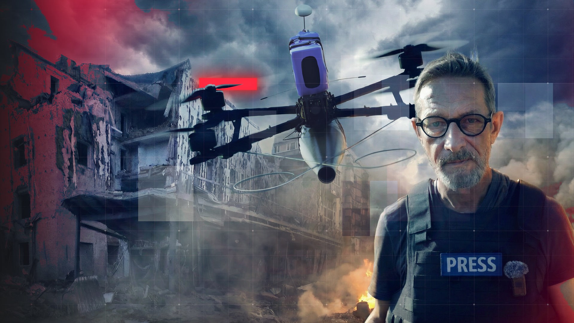 Montage: FPV-Drohne vor zerstörten Gebäuden mit Feuer und Brandrauch sowie "frontal"-Reporter Arndt Ginzel auf der rechten Seite im Bild