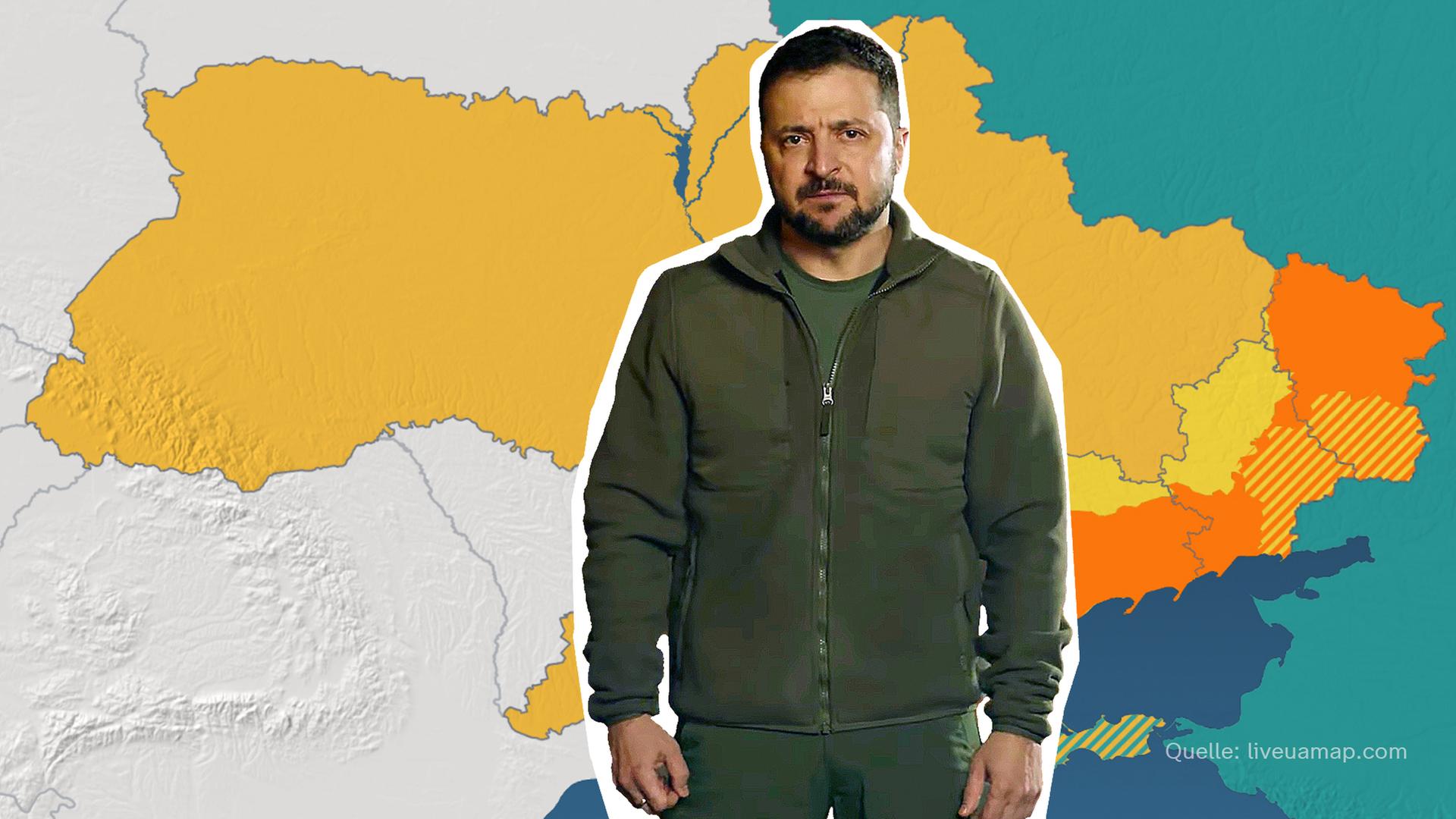 Im Vordergrund der ukrainische Präsident Wolodymyr Selenskyj, im Hintergrund eine Karte der Ukraine.