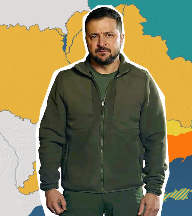 Im Vordergrund der ukrainische Präsident Wolodymyr Selenskyj, im Hintergrund eine Karte der Ukraine.