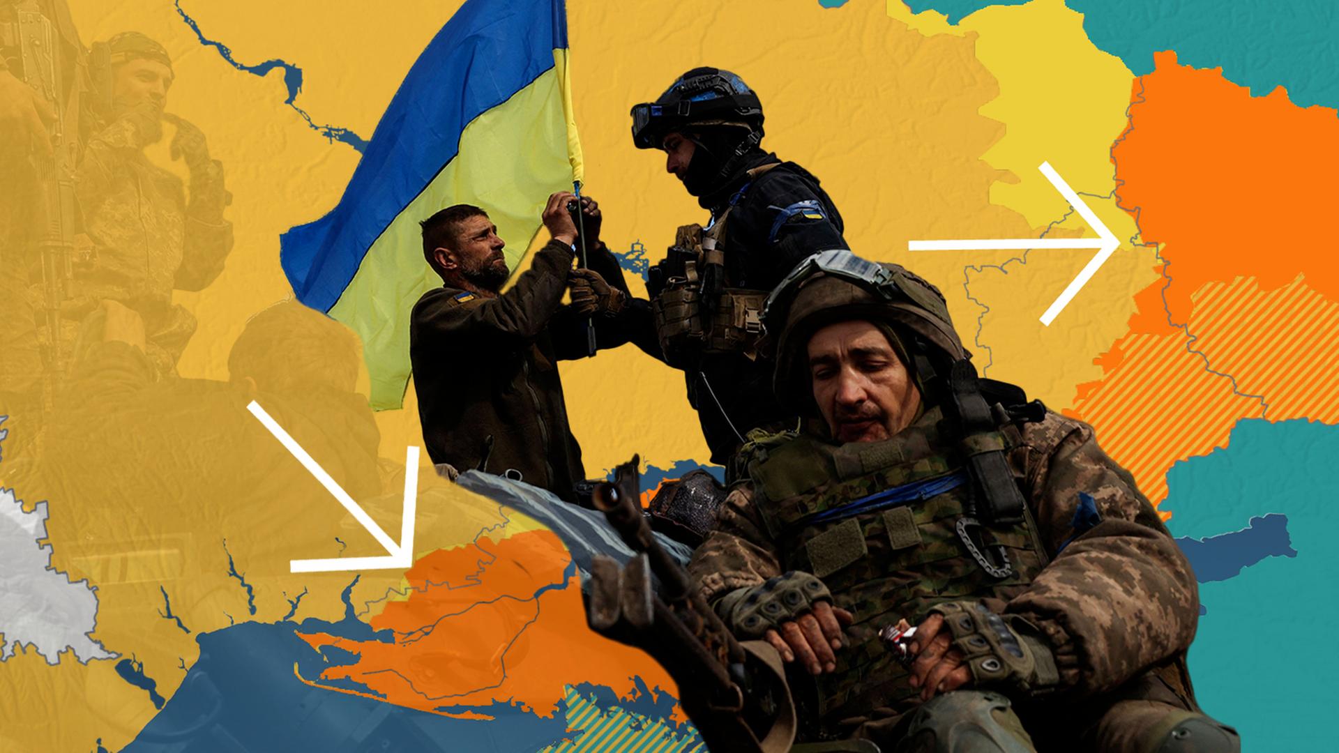 Im Vordergrund drei ukrainische Soldaten, welche eine ukrainische Flagge hissen. Im Hintergrund eine Karte der Ukraine, die umkämpften Gebiete im Osten der Ukraine sind hervorgehoben.