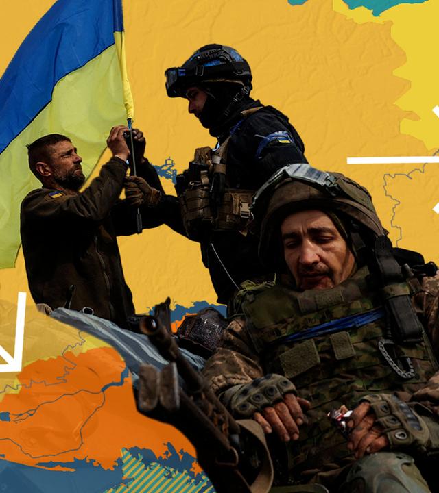 Im Vordergrund drei ukrainische Soldaten, welche eine ukrainische Flagge hissen. Im Hintergrund eine Karte der Ukraine, die umkämpften Gebiete im Osten der Ukraine sind hervorgehoben.