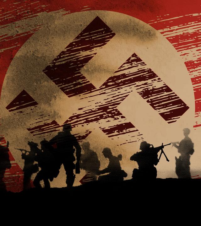 Krieg und Holocaust - Der deutsche Abgrund": Collage: Eine Gruppe Soldaten im Scherenschnitt vor der Hakenkreuzflagge