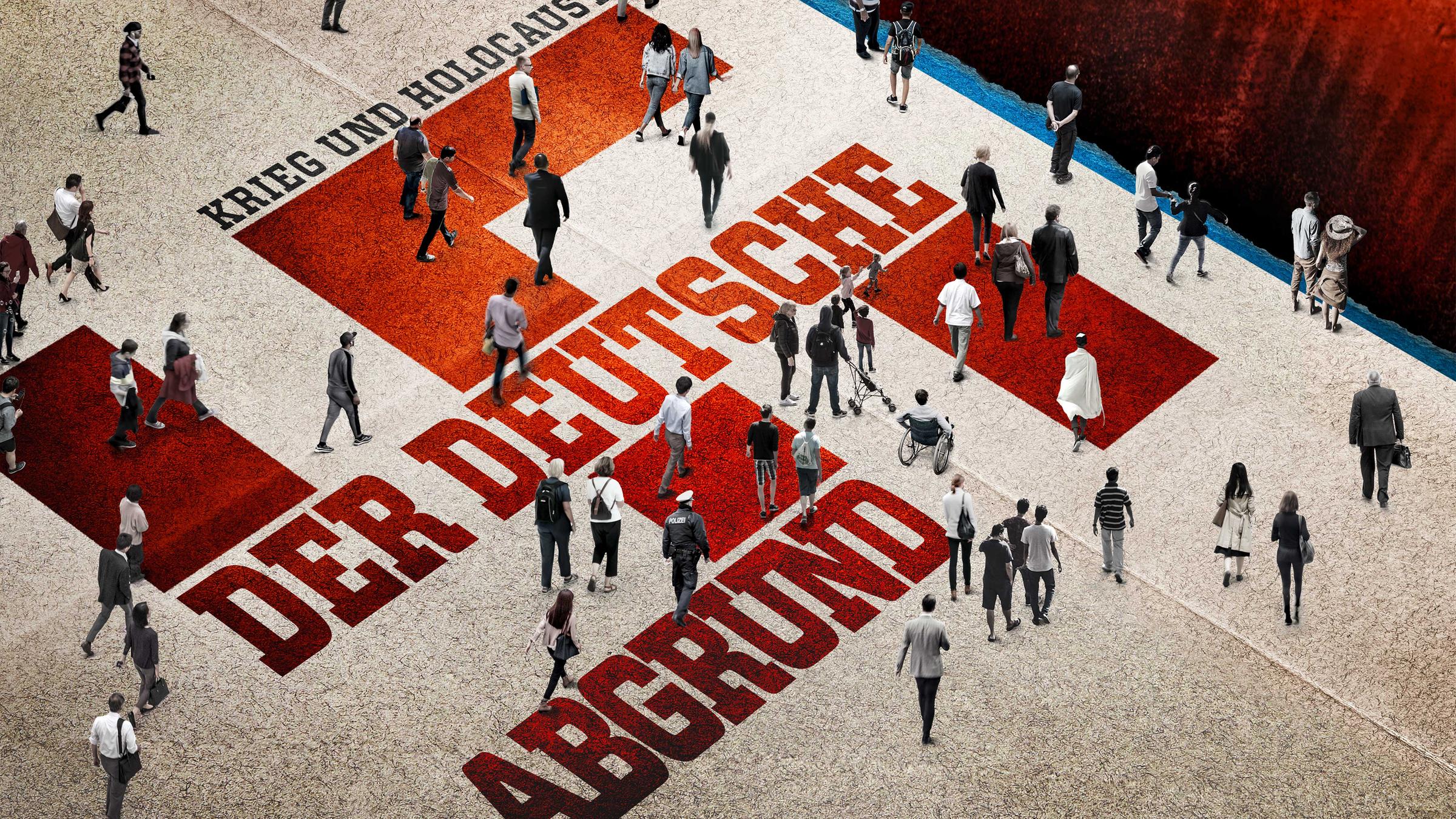 "Krieg und Holocaust - Der Deutsche Abgrund": Schriftzug des Sendetitels auf dem verschiedene Menschen laufen.