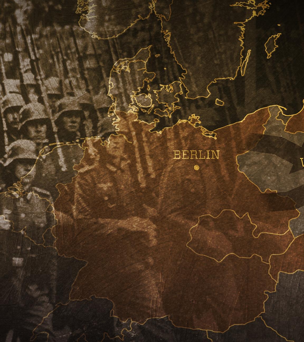 "Krieg und Holocaust - Der deutsche Abgrund: Flächenbrand 1936-1940": Collage. Deutsche Soldaten marschieren nach Polen. Rechts: Kartenansicht vom Überfall auf Polen 1939.