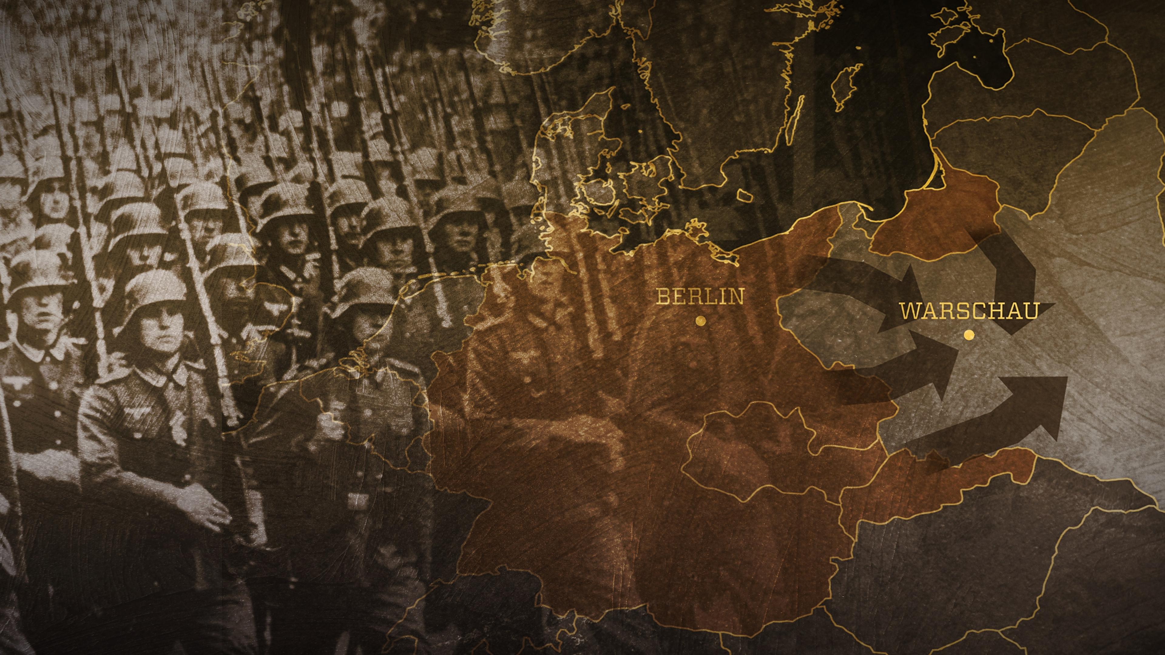 "Krieg und Holocaust - Der deutsche Abgrund: Flächenbrand 1936-1940": Collage. Deutsche Soldaten marschieren nach Polen. Rechts: Kartenansicht vom Überfall auf Polen 1939.
