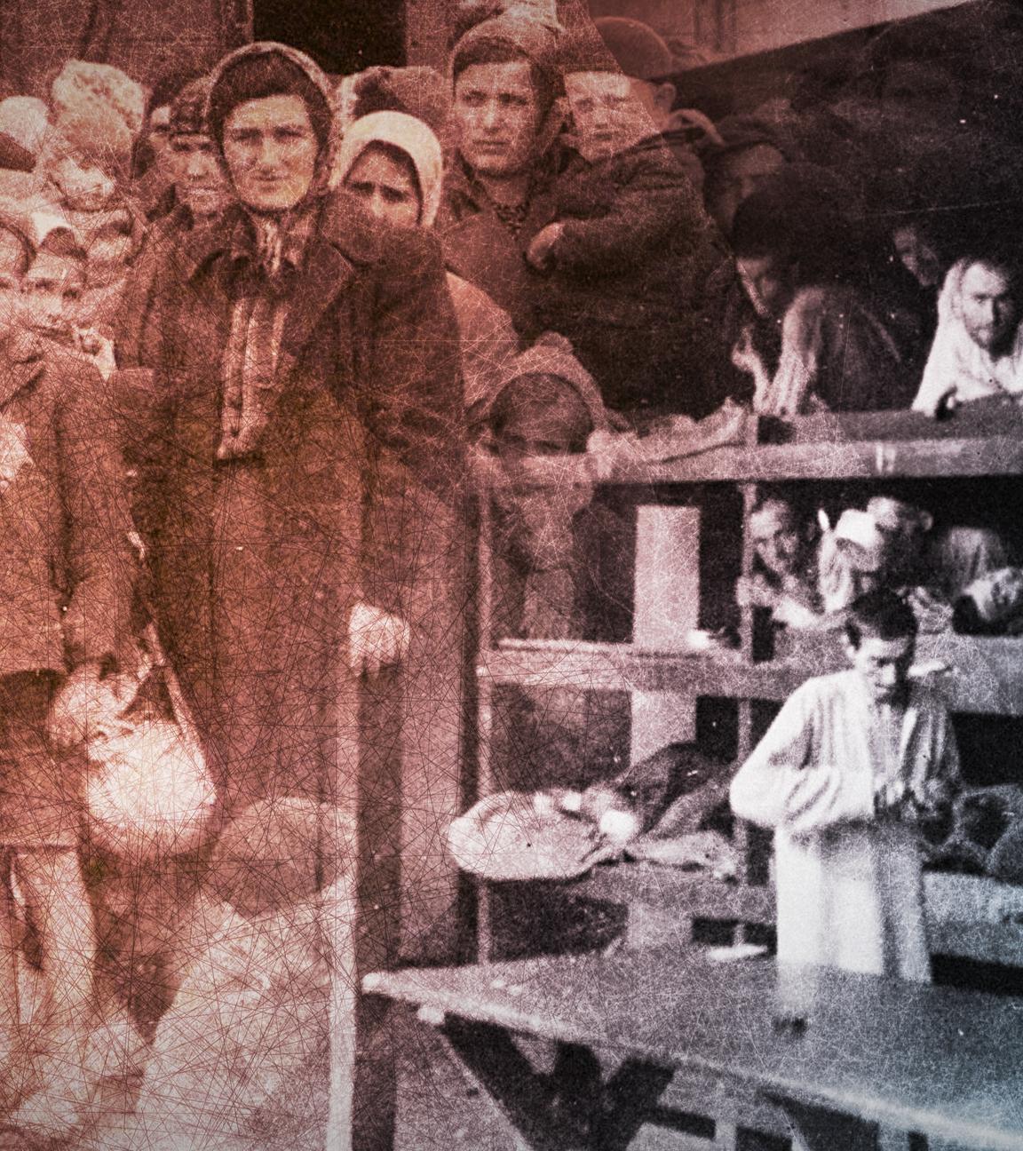 "Krieg und Holocaust - Der deutsche Abgrund: Völkermord 1942-1944": Collage aus zwei alten Fotos. Eine Gruppe Deportierter bei ihrer Ankunft in Auschwitz. Rechts: Inhaftierte in ihren Betten im KZ Buchenwald.