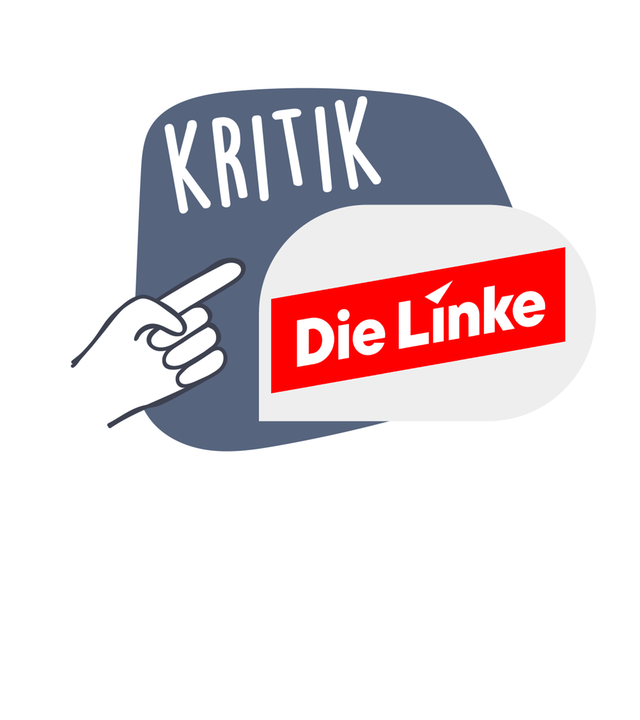 Grafik mit einem Finger, der auf das Logo der Partei „Die Linke“ zeigt. Darüber steht der Begriff „Kritik“