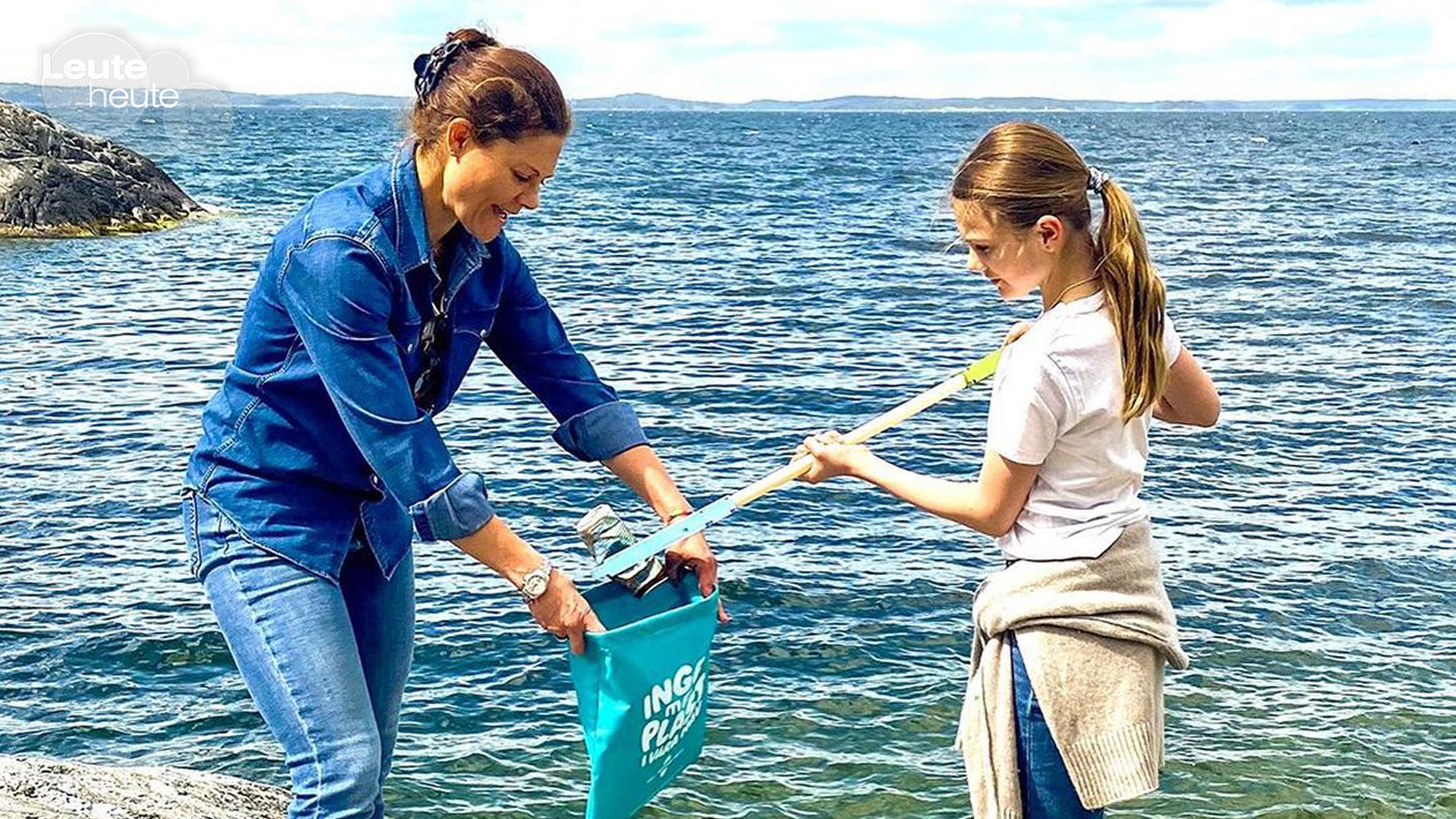 Prinzessin Victoria und ihre Tochter Estelle sammeln Müll am Meer 