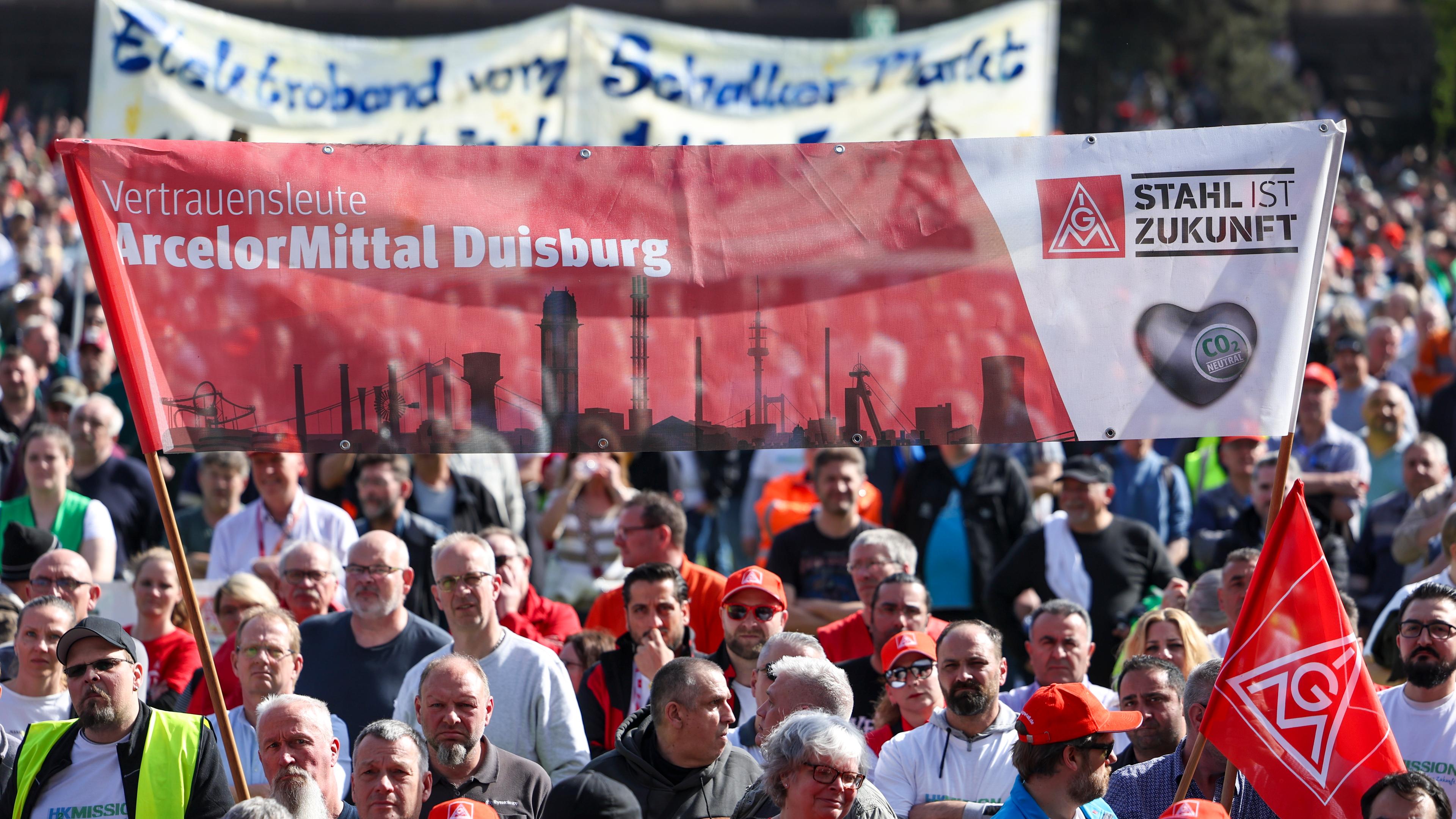 Workers of the steel division of Thyssen-Krupp protest in front of the Thyssen Krupp Steel headquarter in Duisburg, Germany, 30 April 2024