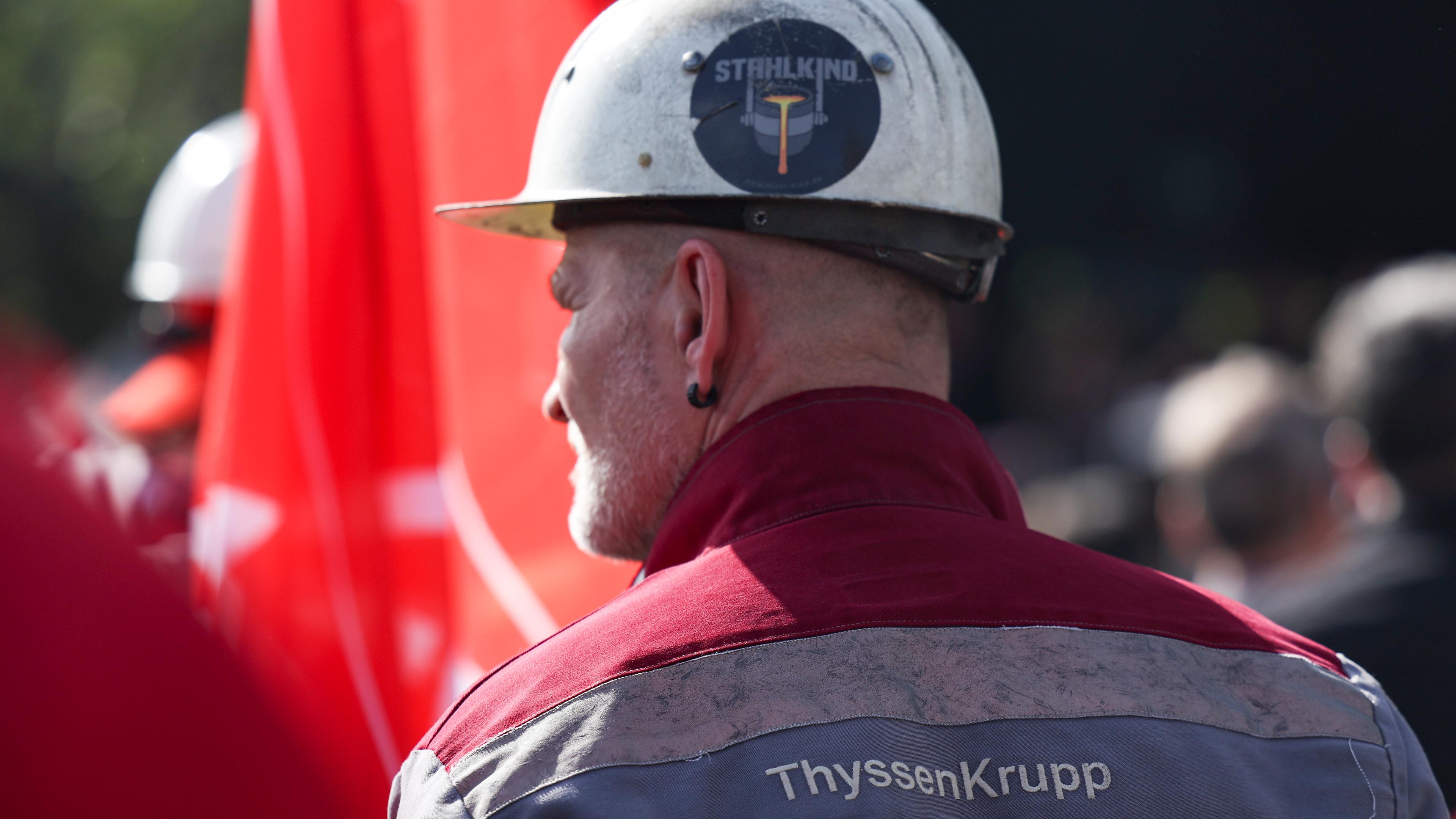 Workers of the steel division of Thyssen-Krupp protest in front of the Thyssen Krupp Steel headquarter in Duisburg, Germany, 30 April 2024. 