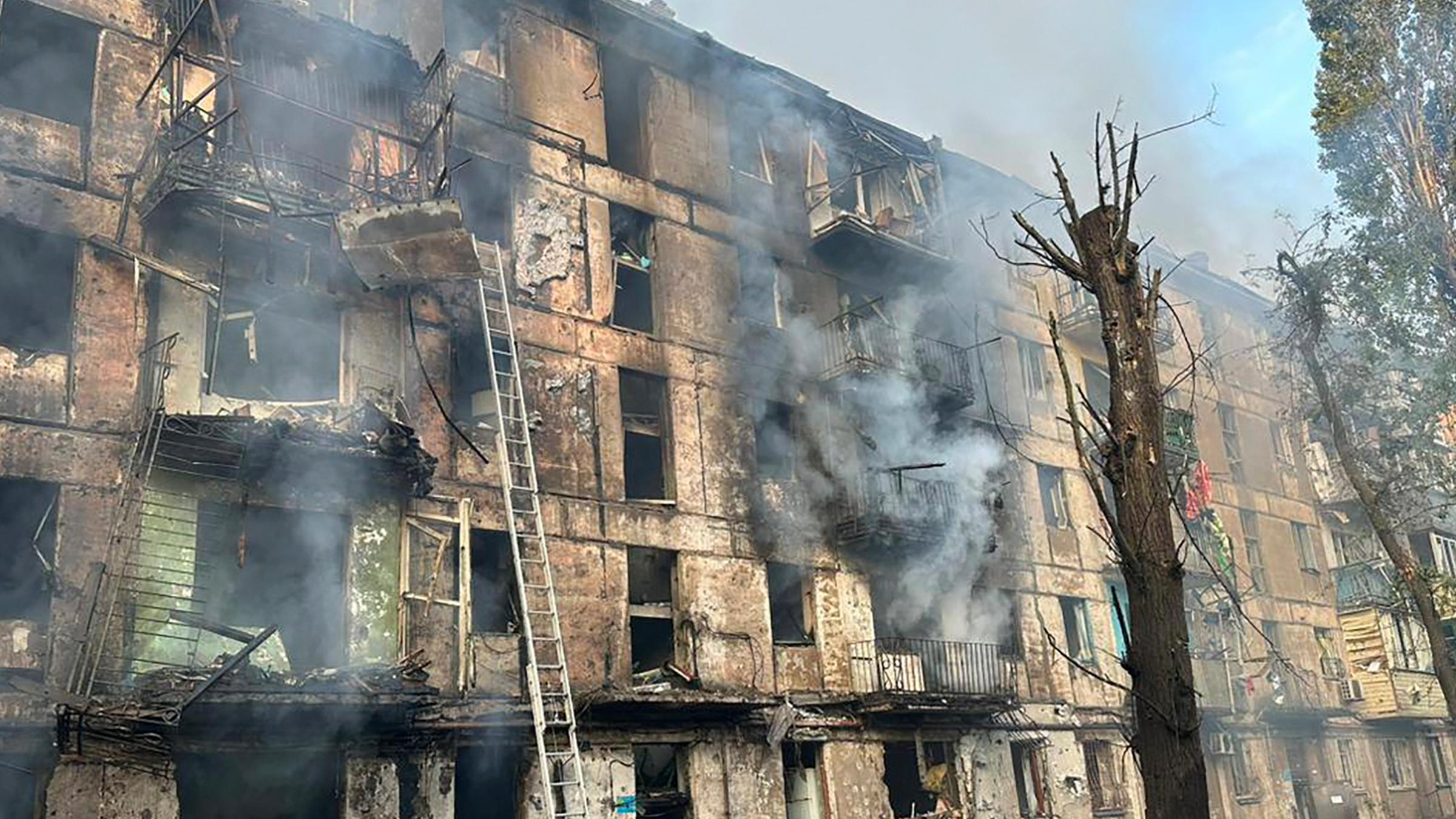 Archive: Rockets hit a multi-storey residential building in Kryvyi Rih, Ukraine.  (06/13/2023)