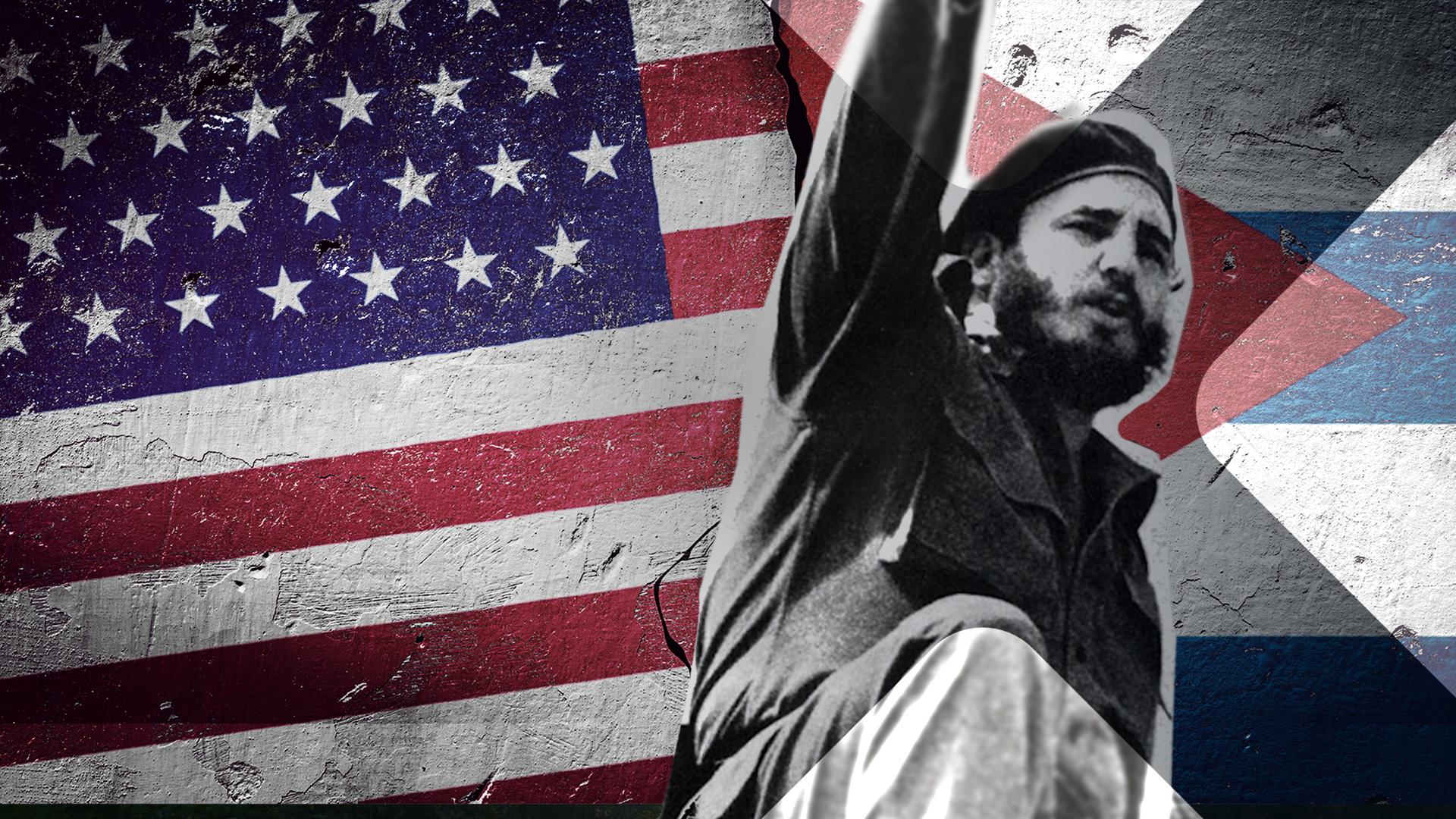 Fidel Castro vor der US- und der kubanischen Flagge