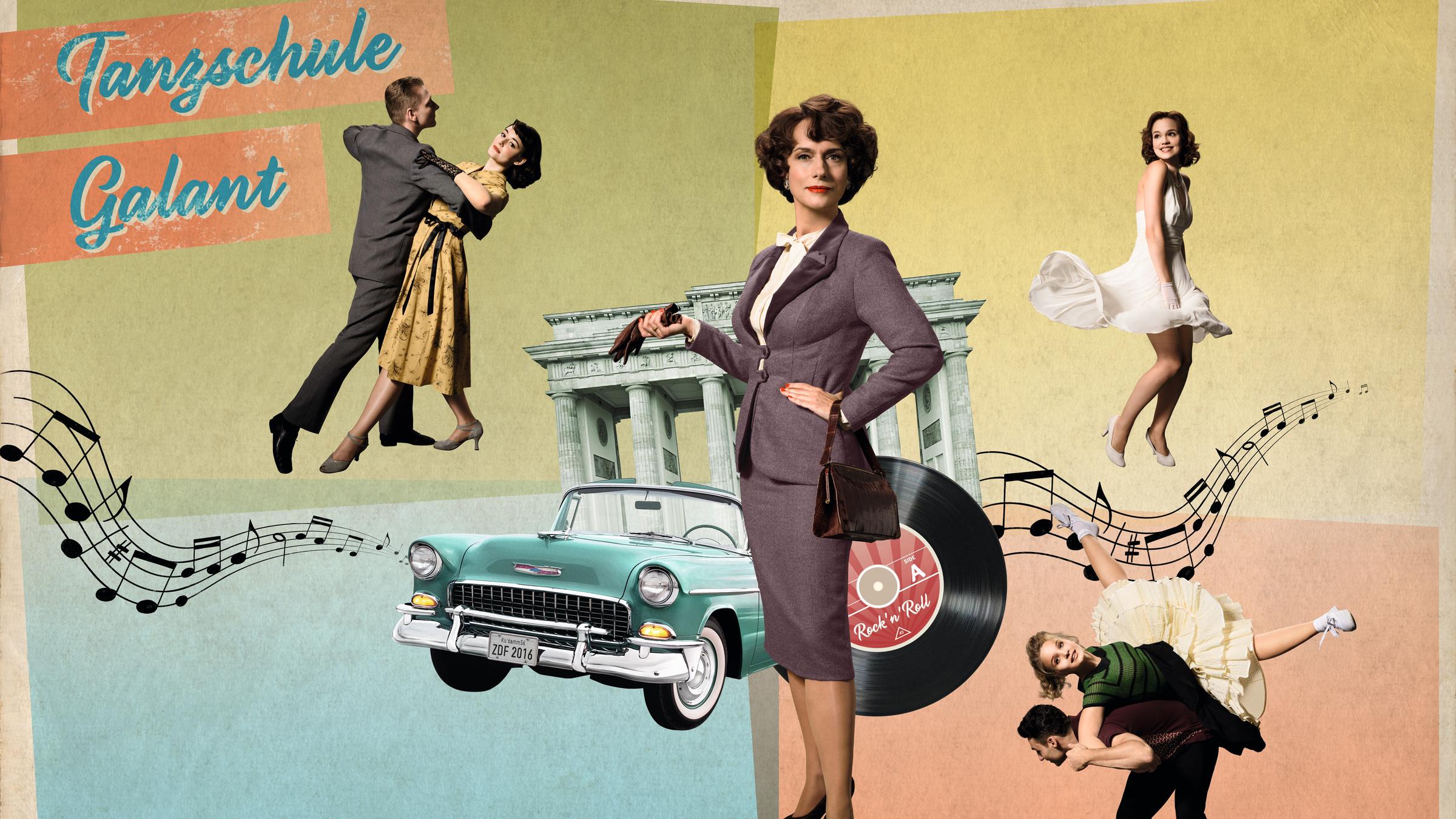 Das Bild zeigt tanzende Menschen und den Schriftzug “Tanzschule Galant”