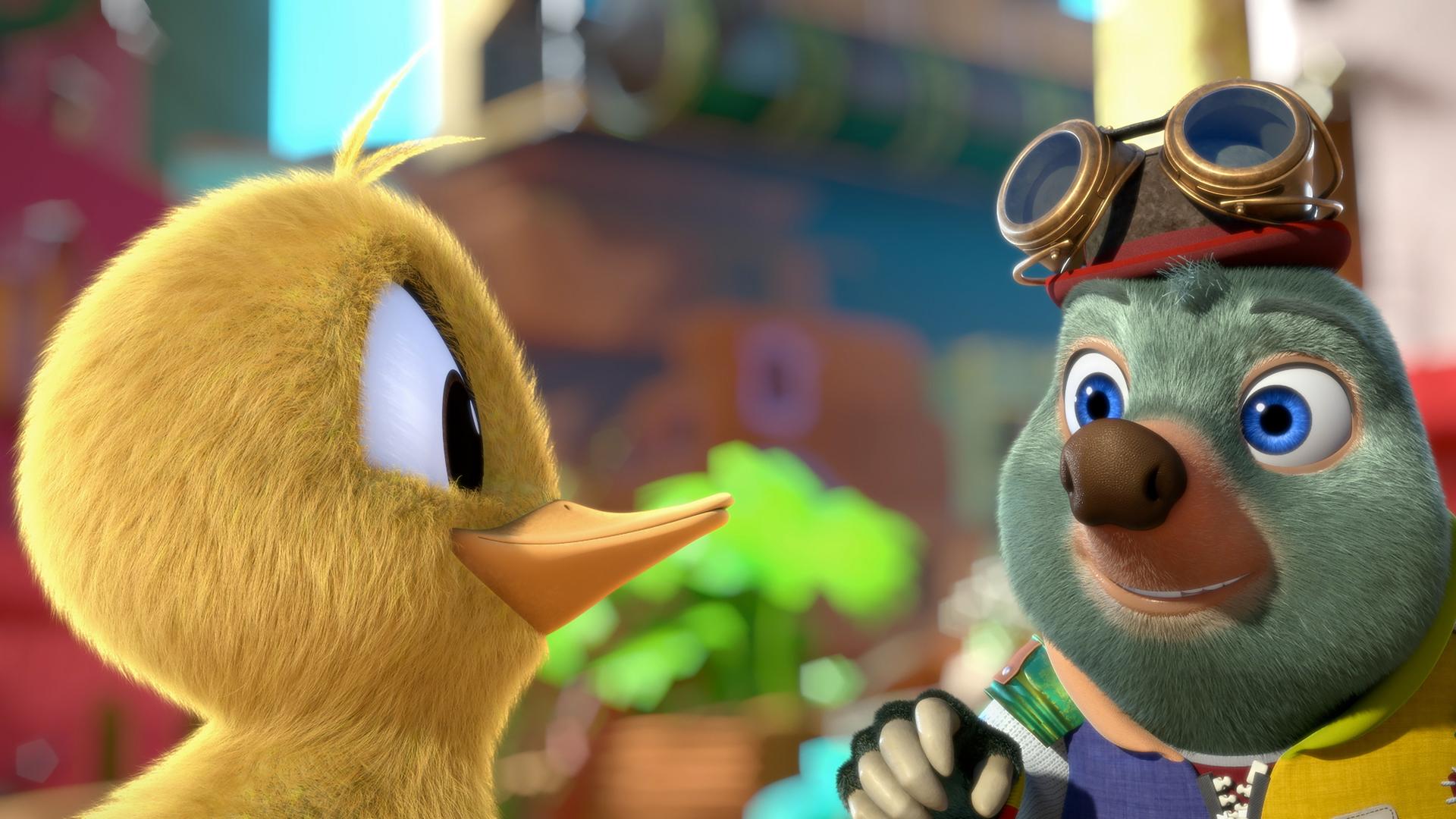 Ein großes, gelbes Küken steht vor Moley und blickt ihn freudestrahlend an. Moley ist sichtlich gerührt davon.