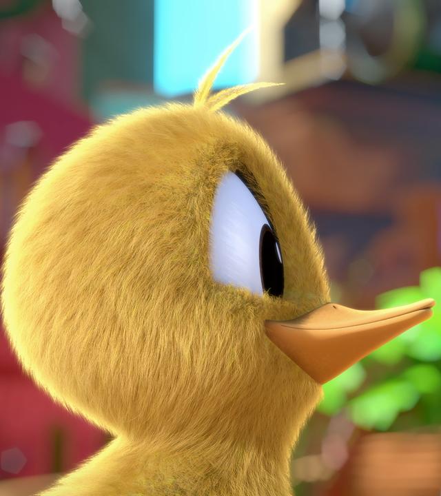 Ein großes, gelbes Küken steht vor Moley und blickt ihn freudestrahlend an. Moley ist sichtlich gerührt davon.