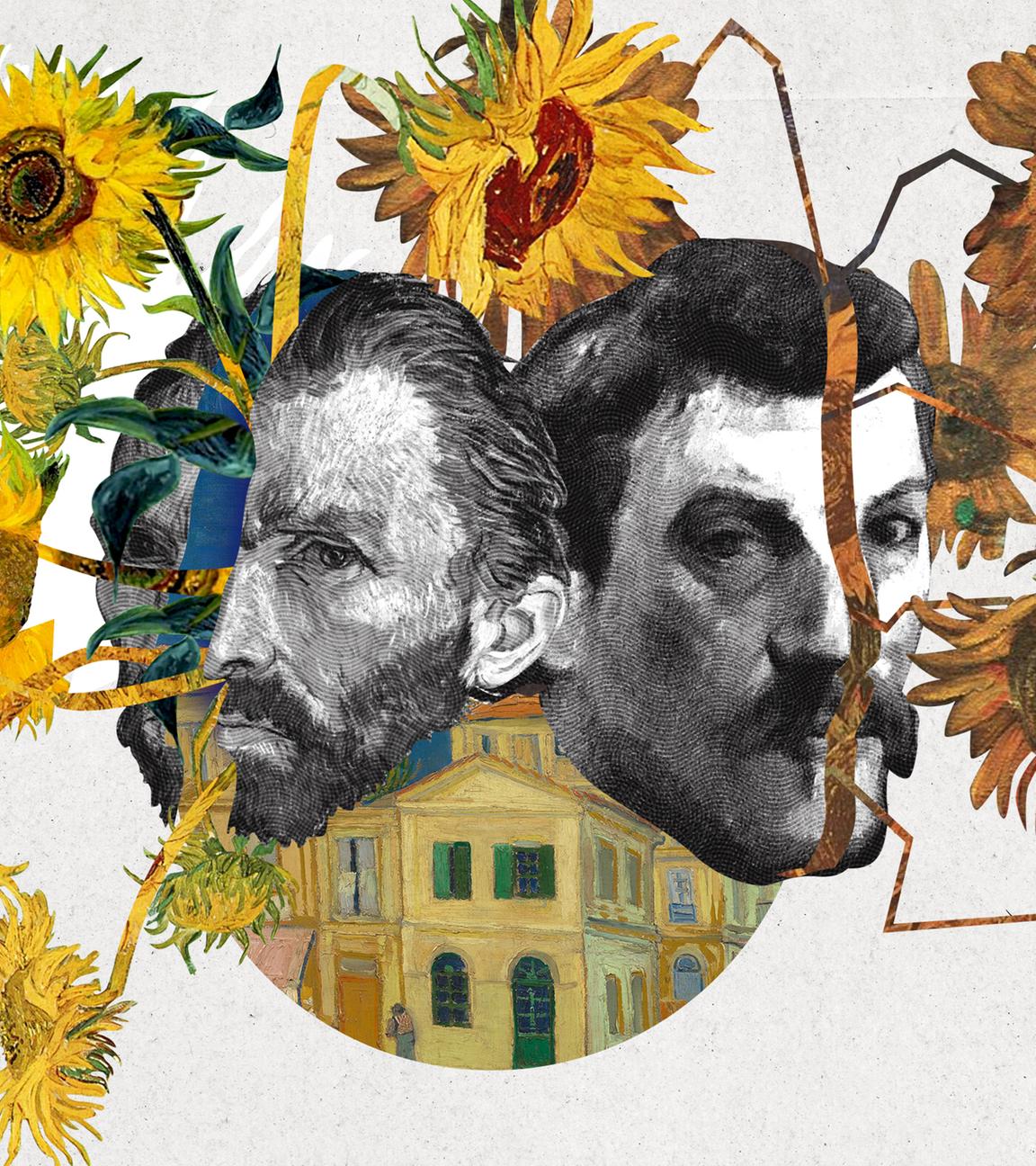 In der Mitte der Grafik sind die Köpfe Van Goghs (links) und Gauguins (rechts). Dahinter der Ausschnitt eines Gemäldes mit einem Haus. Dem Kopf van Goghs entwachsen gelbe, dem Kopf Gauguin bräunliche Sonnenblumen.