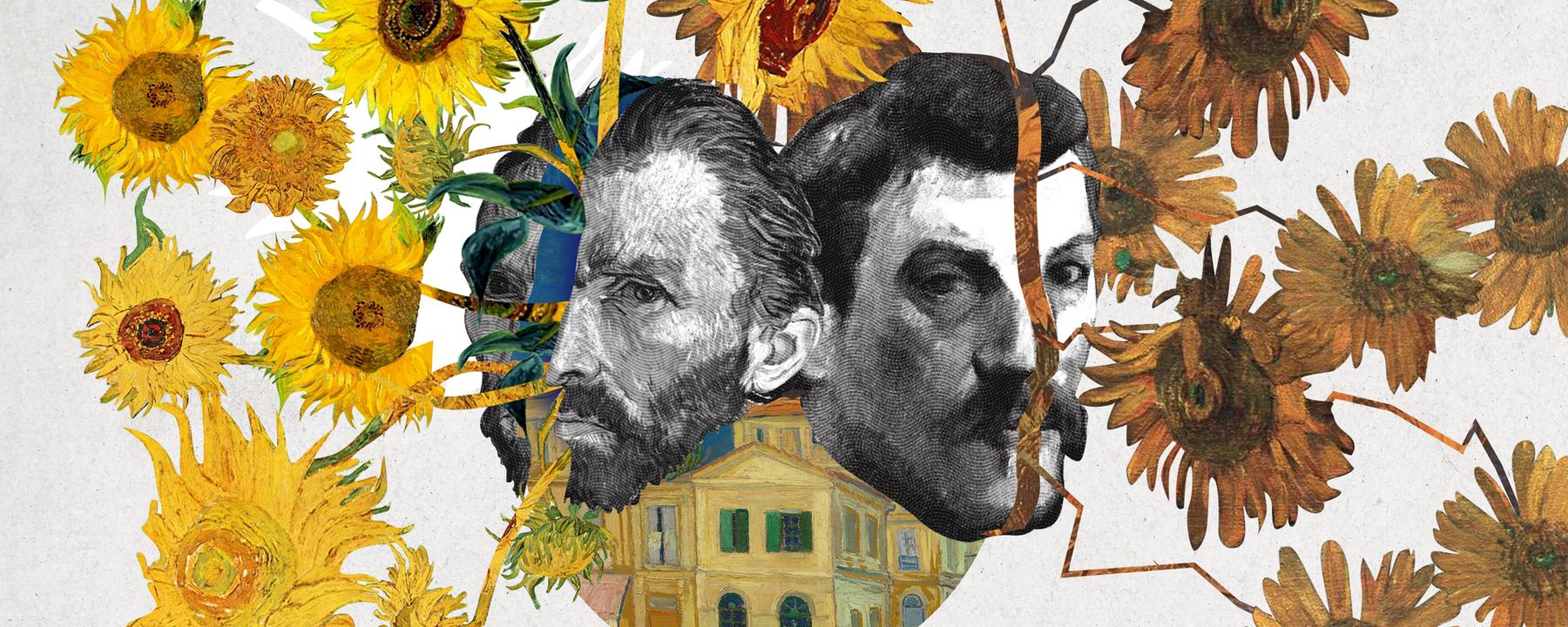 In der Mitte der Grafik sind die Köpfe Van Goghs (links) und Gauguins (rechts). Dahinter der Ausschnitt eines Gemäldes mit einem Haus. Dem Kopf van Goghs entwachsen gelbe, dem Kopf Gauguin bräunliche Sonnenblumen.