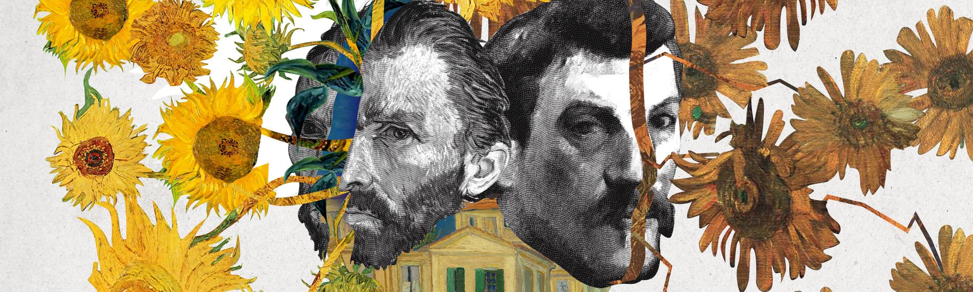 In der Mitte der Grafik sind die Köpfe Van Goghs (links) und Gauguins (rechts). Dahinter der Ausschnitt eines Gemäldes mit einem Haus. Dem Kopf van Goghs entwachsen gelbe, dem Kopf Gauguin bräunliche Sonnenblumen.