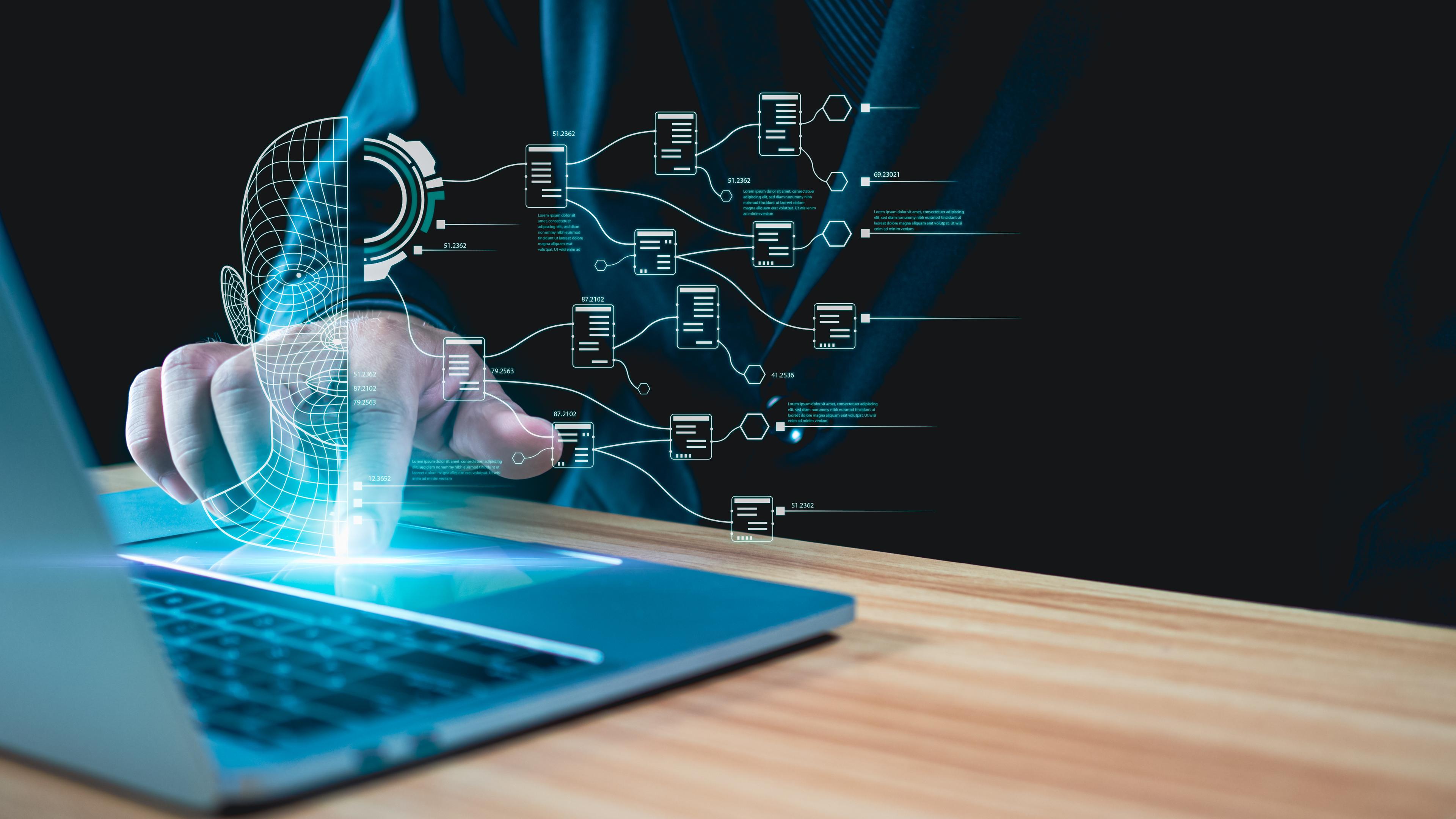 Typical für Künstliche Intelligenz KI: Hand am Laptop mit stilisiertem Datenstrom über der Tastatur im Raum