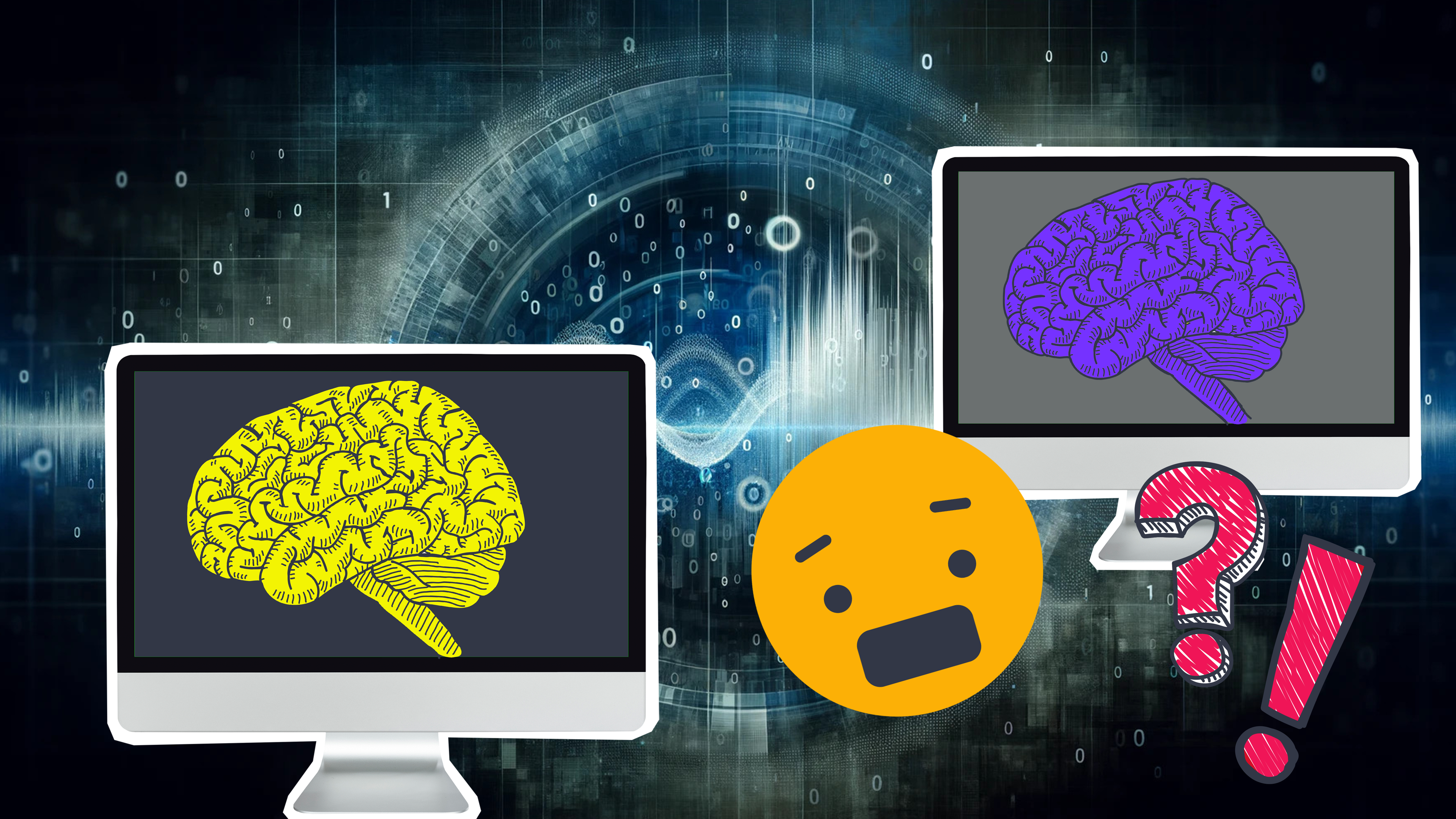 Zwei Computer vor einer Datengrafik mit bunten Gehirnen, einem ängstlichen Smilie und einem Ausrufe- und einem Fragezeichen