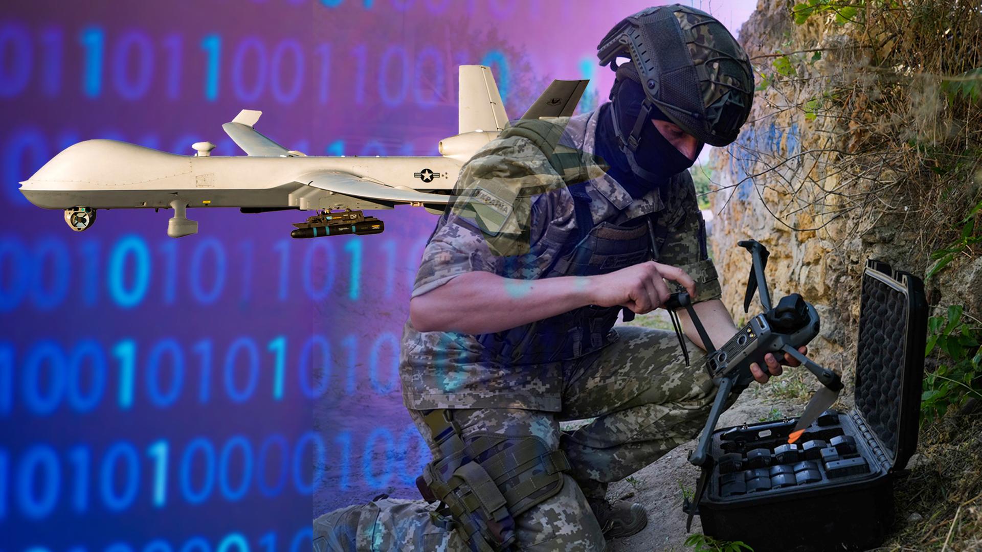 Zu sehen ist ein Soldat, der eine Box zur Steuerung von Drohnen bedient; im Hintergrund eine Drohne und ein Binär-Code.