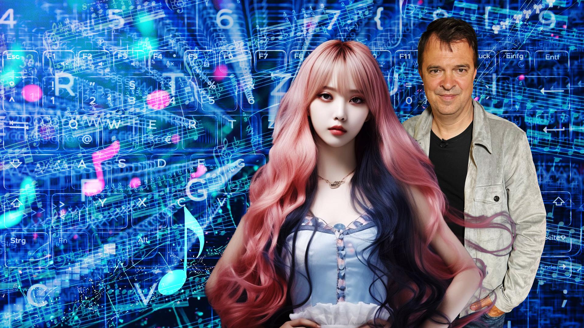 Eine künstlich aussehende Frau mit langen rötlichen Haaren. Schräg dahinter ein Mann mit grauer Jacke. Beide vor einem computergenerierten Bild aus Zahlen, Buchstaben und Noten.