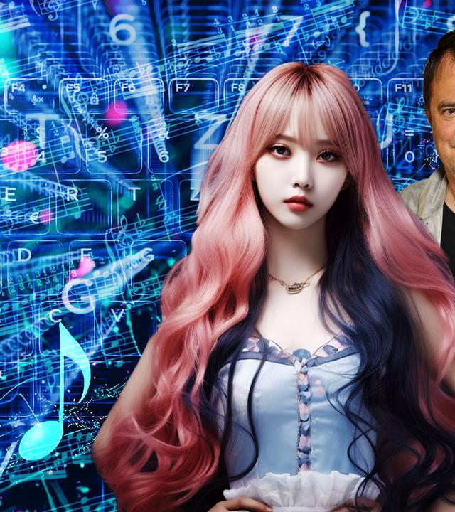 Eine künstlich aussehende Frau mit langen rötlichen Haaren. Schräg dahinter ein Mann mit grauer Jacke. Beide vor einem computergenerierten Bild aus Zahlen, Buchstaben und Noten.