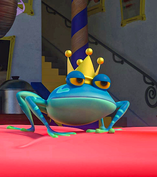 Prinzessin Roxana schaut wütend einen Frosch mit einer Krone an.