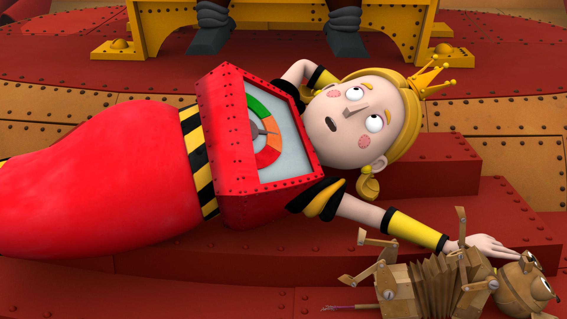 Prinzessin Magnesia liegt am Boden vor dem Thron und krault einen Hund.