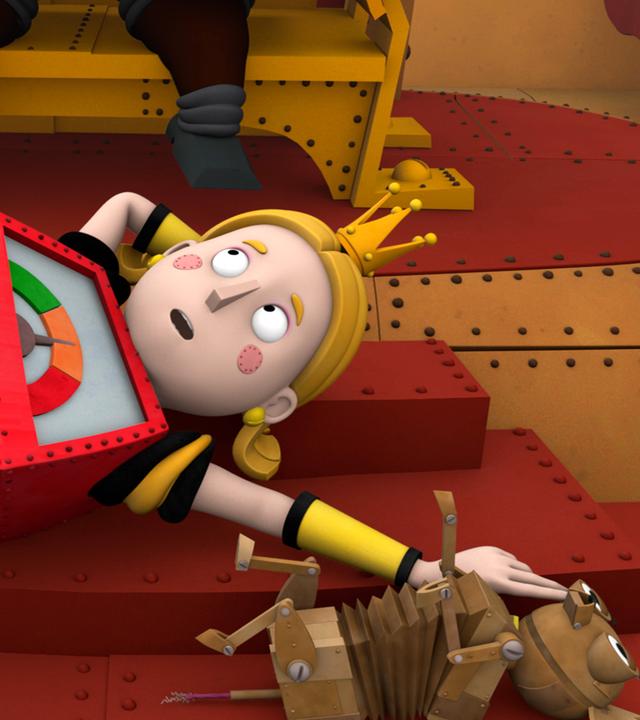 Prinzessin Magnesia liegt am Boden vor dem Thron und krault einen Hund.