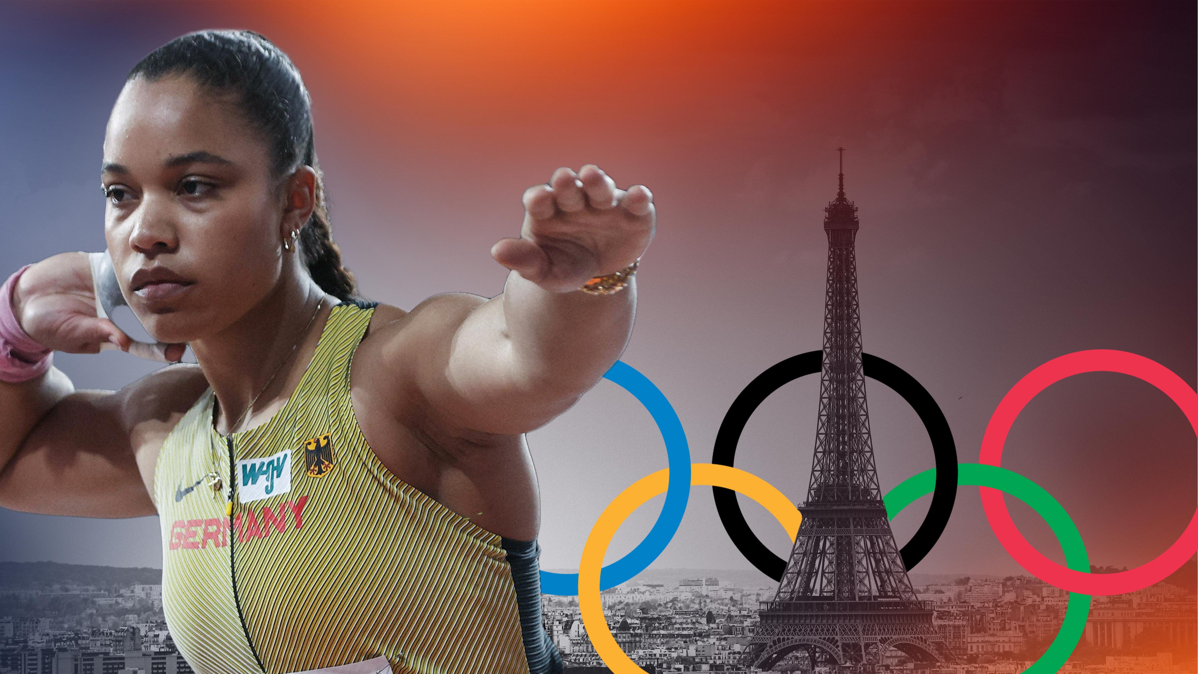 Kugelstoßerin Yemisi Ogunleye vor dem Eiffelturm und den olympischen Ringen