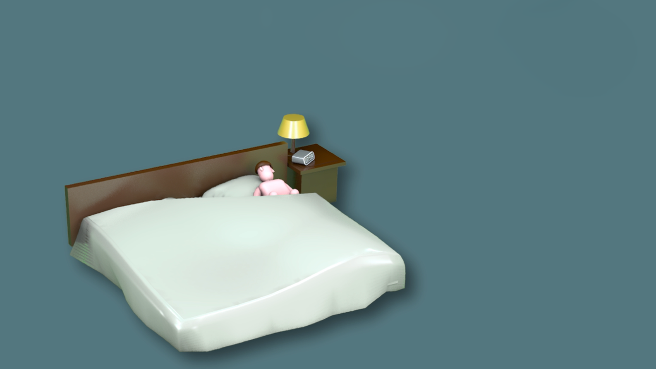 Computergrafik von einem Bett vor blauem Hintergrund 