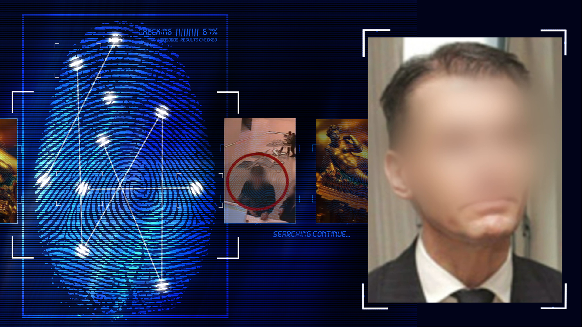 Portraitfoto eines Mannes mittleren Alters. Er trägt eine schwarze Anzugjacke, eine schwarze Krawatte u. ein weißes Hemd. Er schaut mit versteinerter Minie an der Kamera vorbei. Weite Teile des Gesichts wurden allerdings technisch verfremdet. Er trägt kurze dunkle Haare mit einem aus seiner Sicht nach links gekämmten Seitenscheitel. Links daneben: Lichtschematische Darstellung eines Fingerabdrucks.