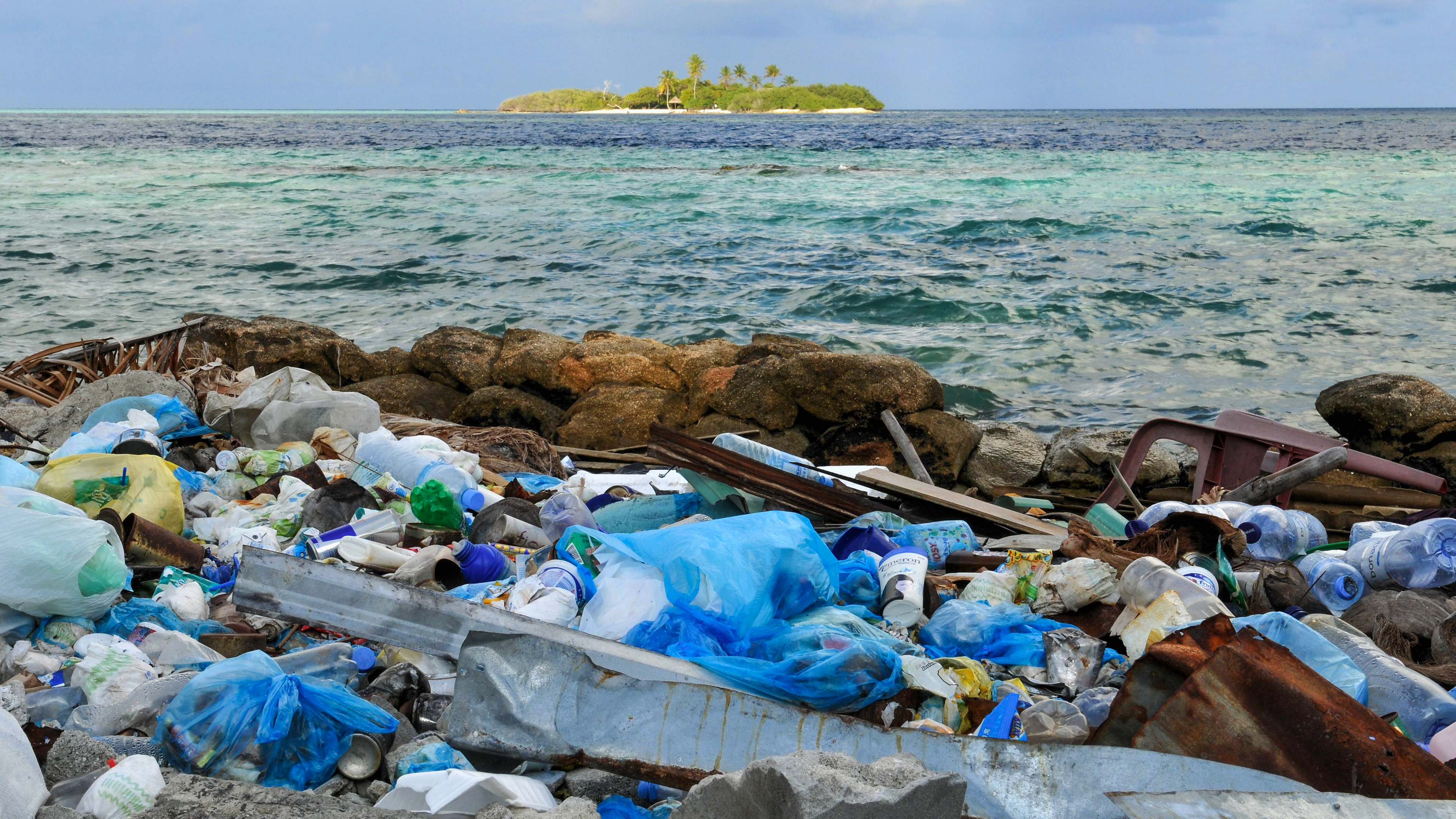 Kunststoffmüll im Meer vor einer Insel